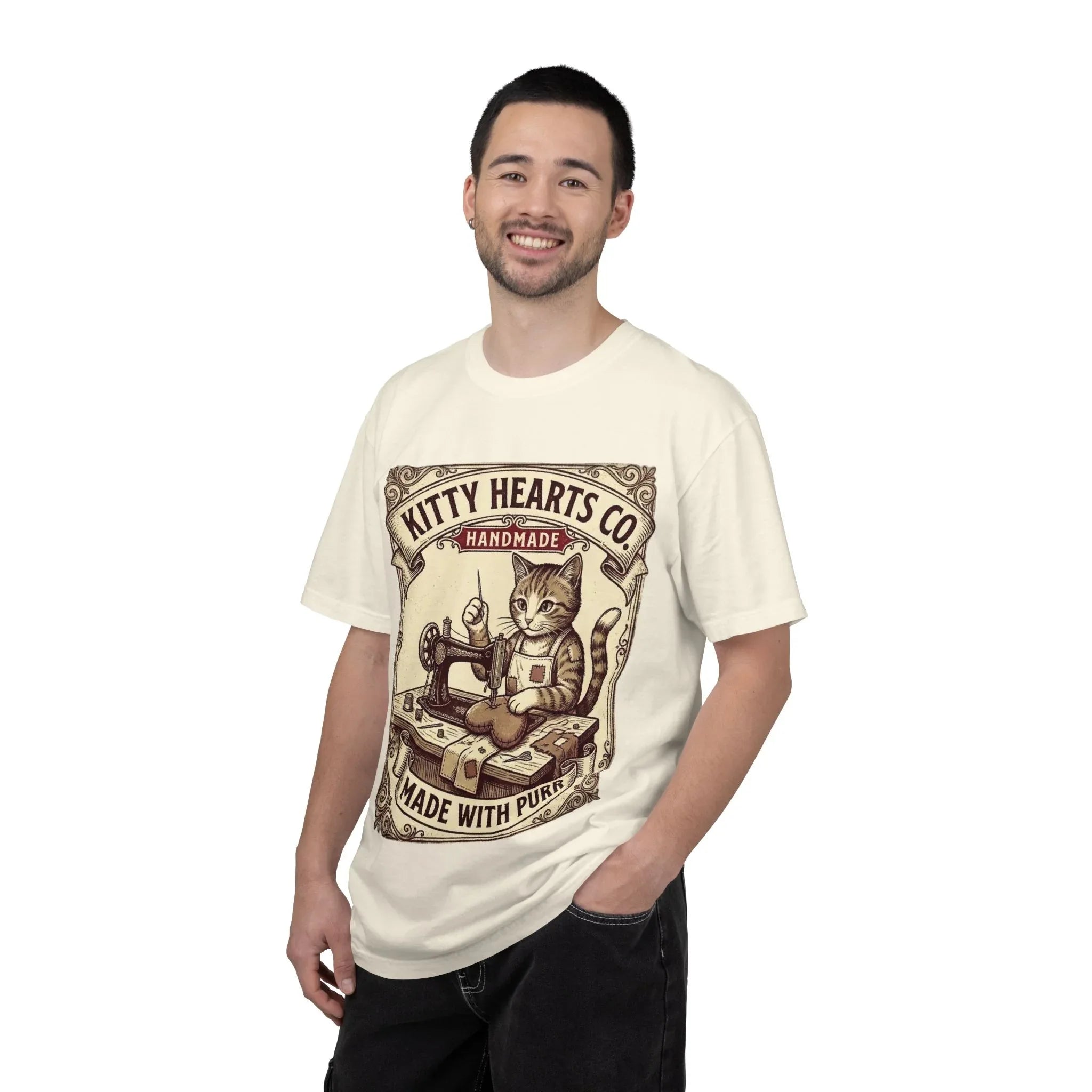 Kitty Hearts Co T-Shirt | Vintage Sewing Cat Made With Purr Graphic Tee | Retro Craft Lover Gift