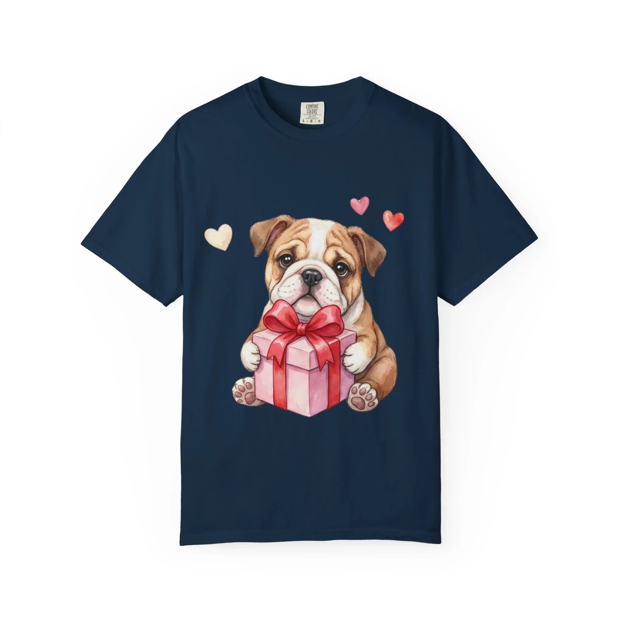Bulldog Puppy with Gift T-Shirt | Cute Dog Valentine Hearts | Cozy Pet Lover Gift | Soft Vintage Aesthetic Dog Tee True Navy