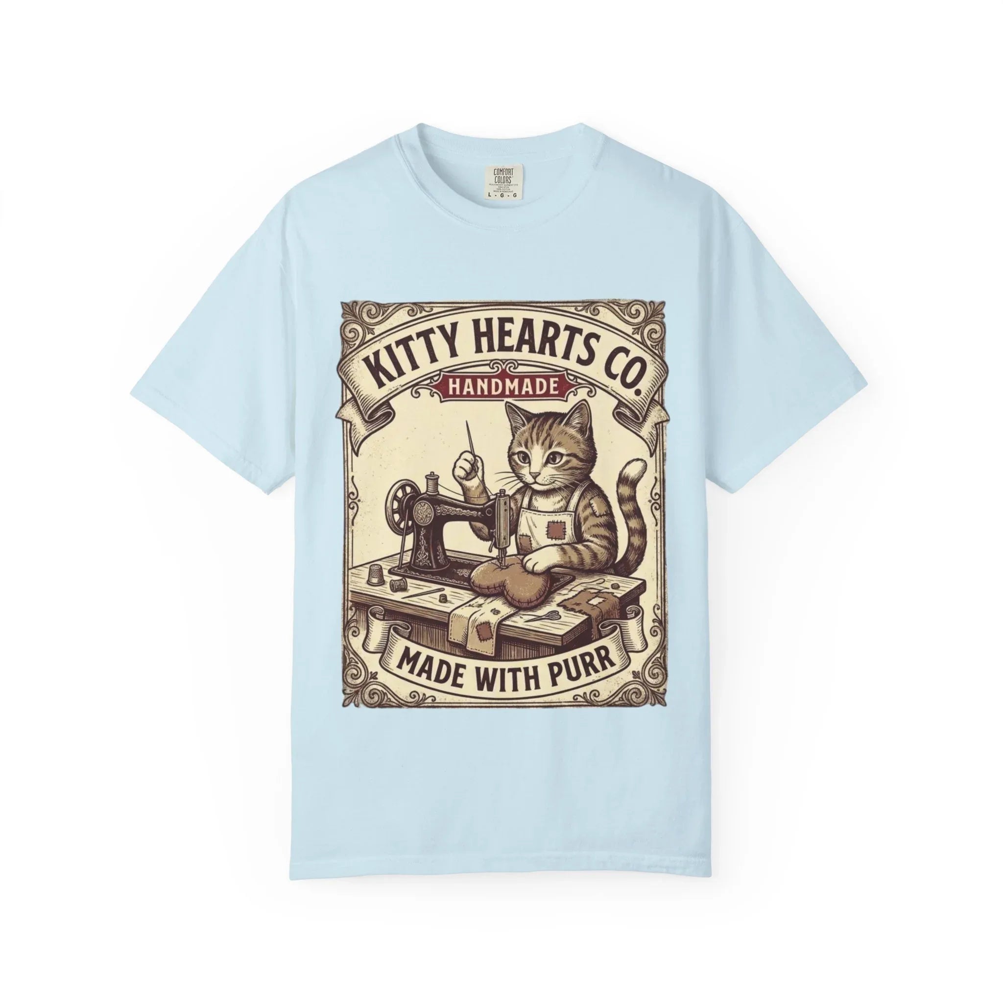 Kitty Hearts Co T-Shirt | Vintage Sewing Cat Made With Purr Graphic Tee | Retro Craft Lover Gift Chambray