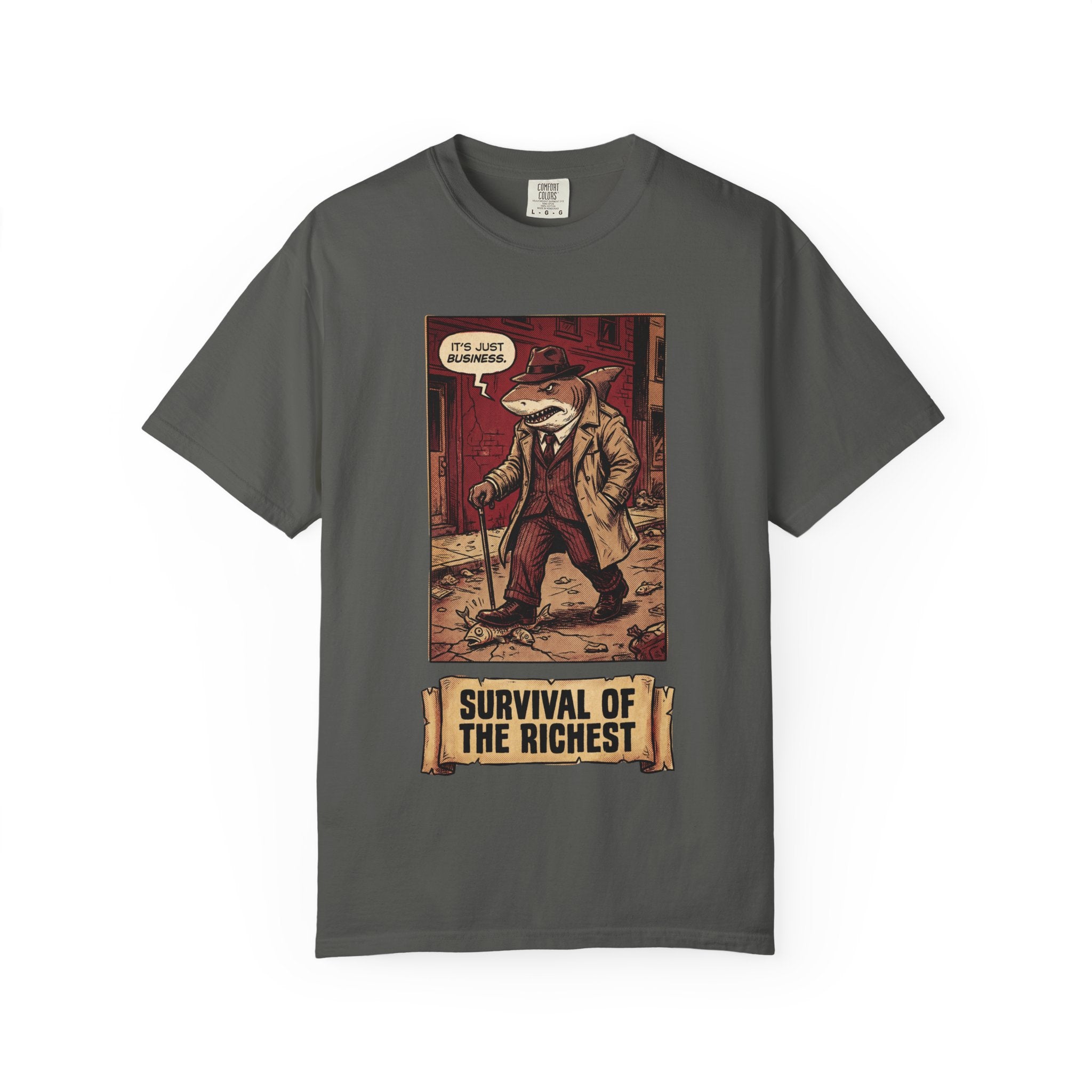 Survival of the Richest Shirt Vintage Business Shark Tee Retro Comic Style Satirical Graphic Top Dark Humor Mafia Art Gift Pepper