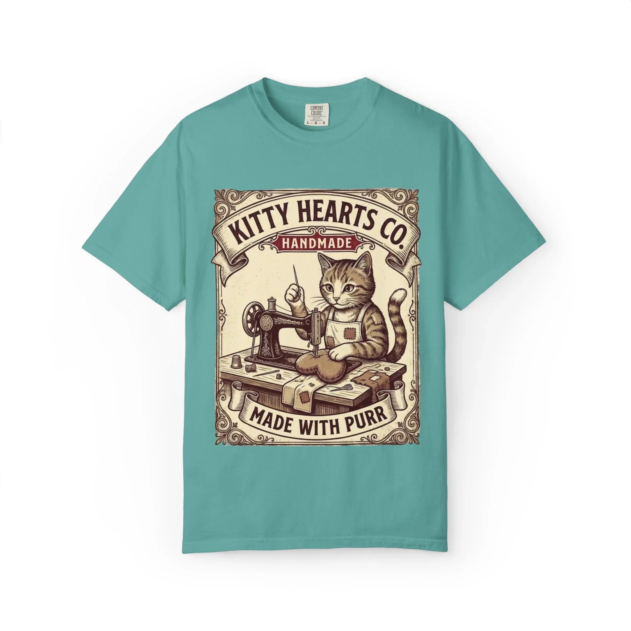 Kitty Hearts Co T-Shirt | Vintage Sewing Cat Made With Purr Graphic Tee | Retro Craft Lover Gift Seafoam