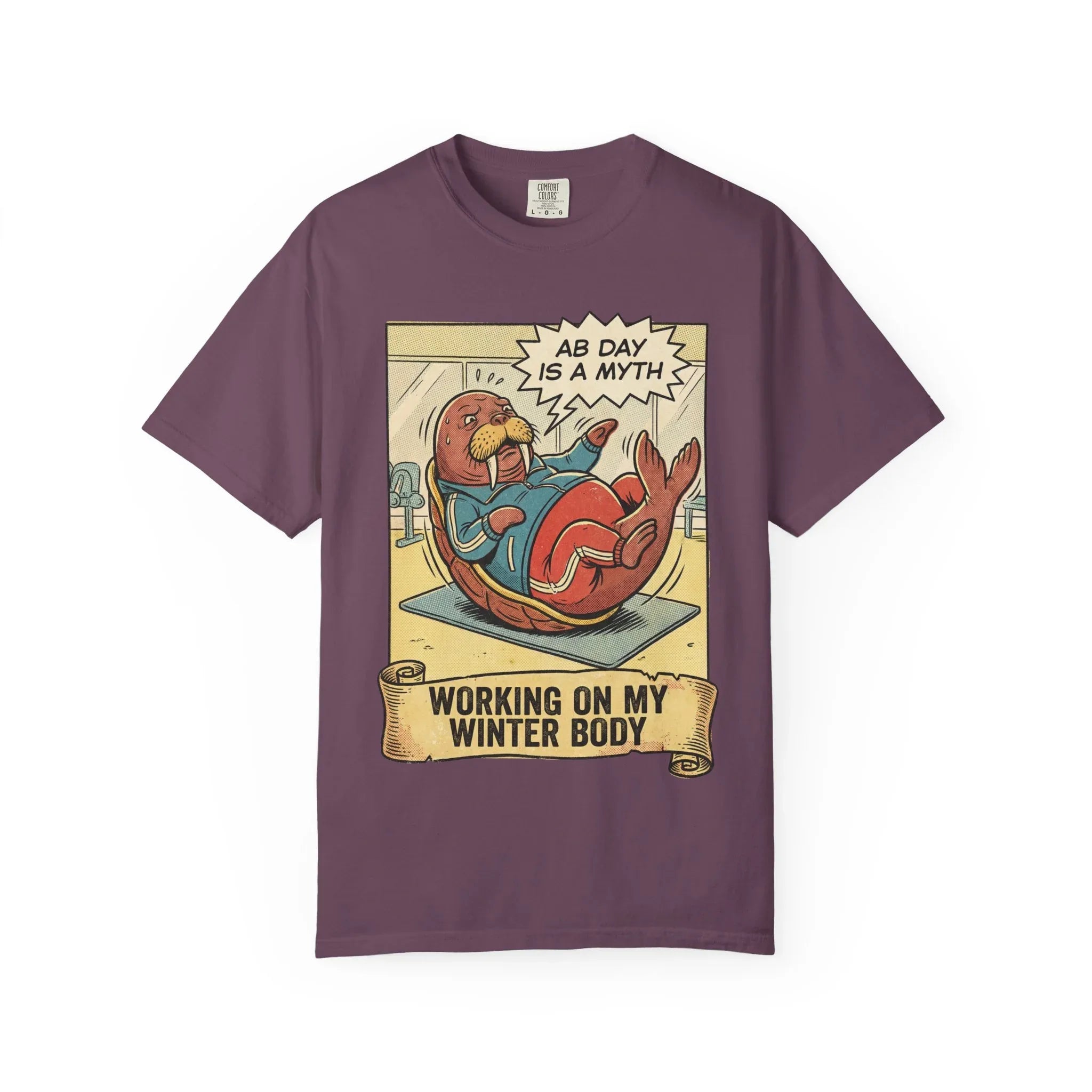 Funny Walrus Gym Shirt - "Ab Day Is A Myth" Retro Comic Tee - Sarcastic Workout Graphic T-Shirt - Working On My Winter Body Gift - Vintage Pop Art Fitness Streetwear Berry