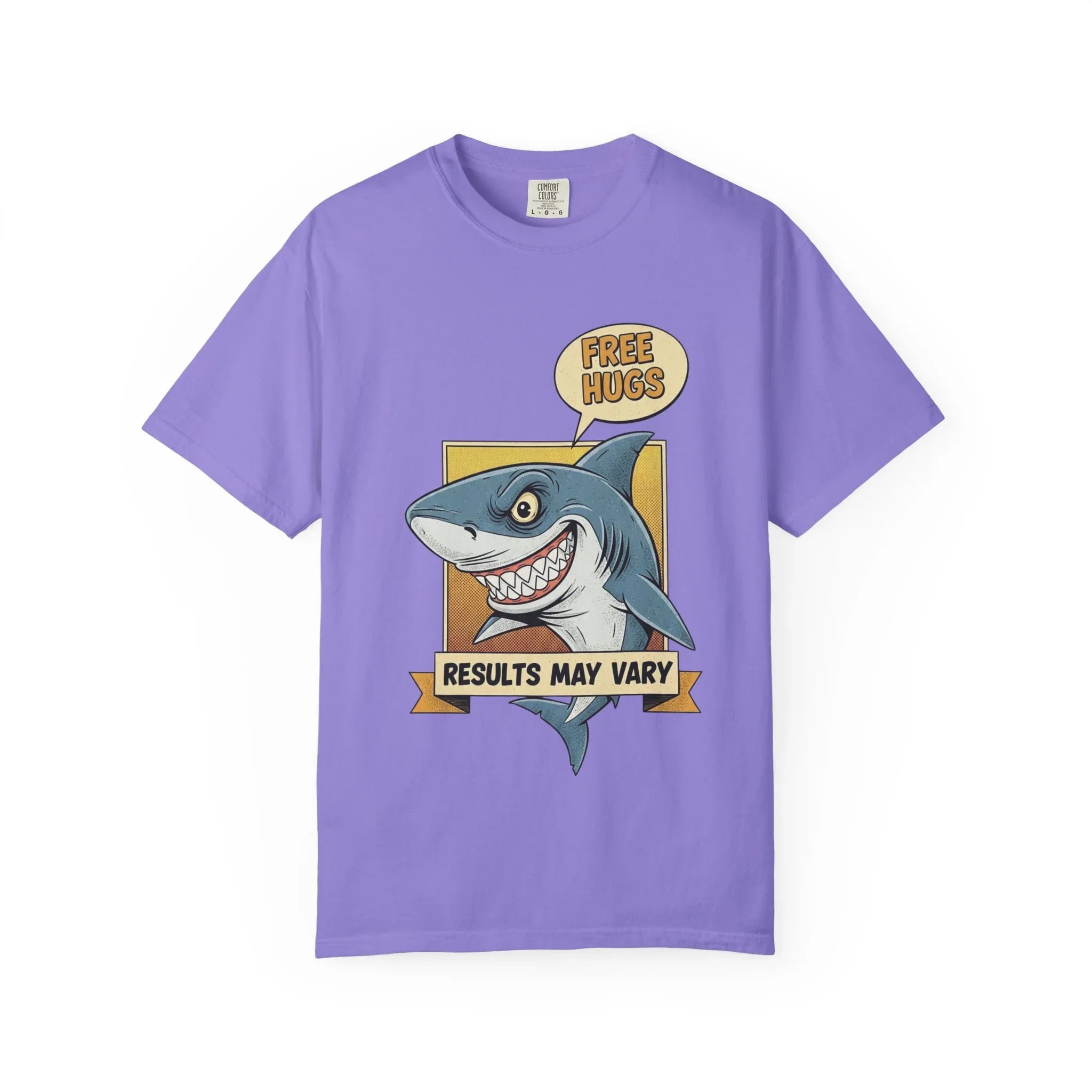 Funny Shark Shirt - "Free Hugs" Sarcastic Vintage Graphic Tee - Results May Vary Dark Humor Gift - Retro Great White Shark Top - Men's & Women's Dad Joke Clothing Violet
