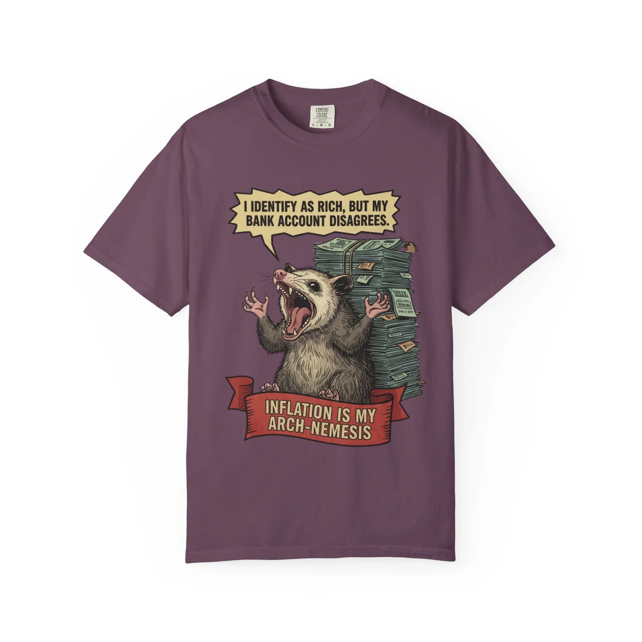 Funny Opossum Shirt - "I Identify As Rich" Inflation Meme Gift - Screaming Possum Hoodie - Relatable Money Humor T-Shirt - Vintage Style Animal Top Berry M