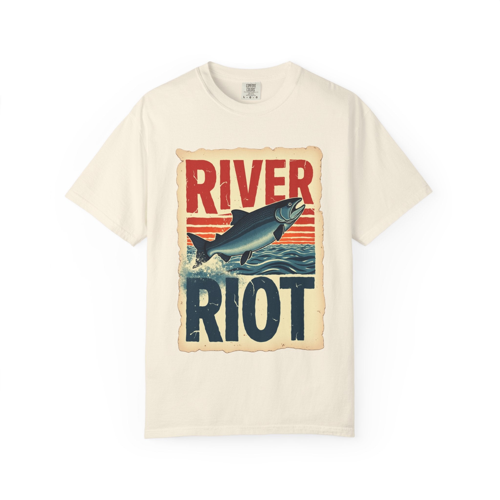 River Riot Salmon T-Shirt, Retro Fishing Graphic Tee, Vintage Fish Poster Design, Leaping Salmon Sunburst Stripes, Unisex Garment-Dyed Ivory