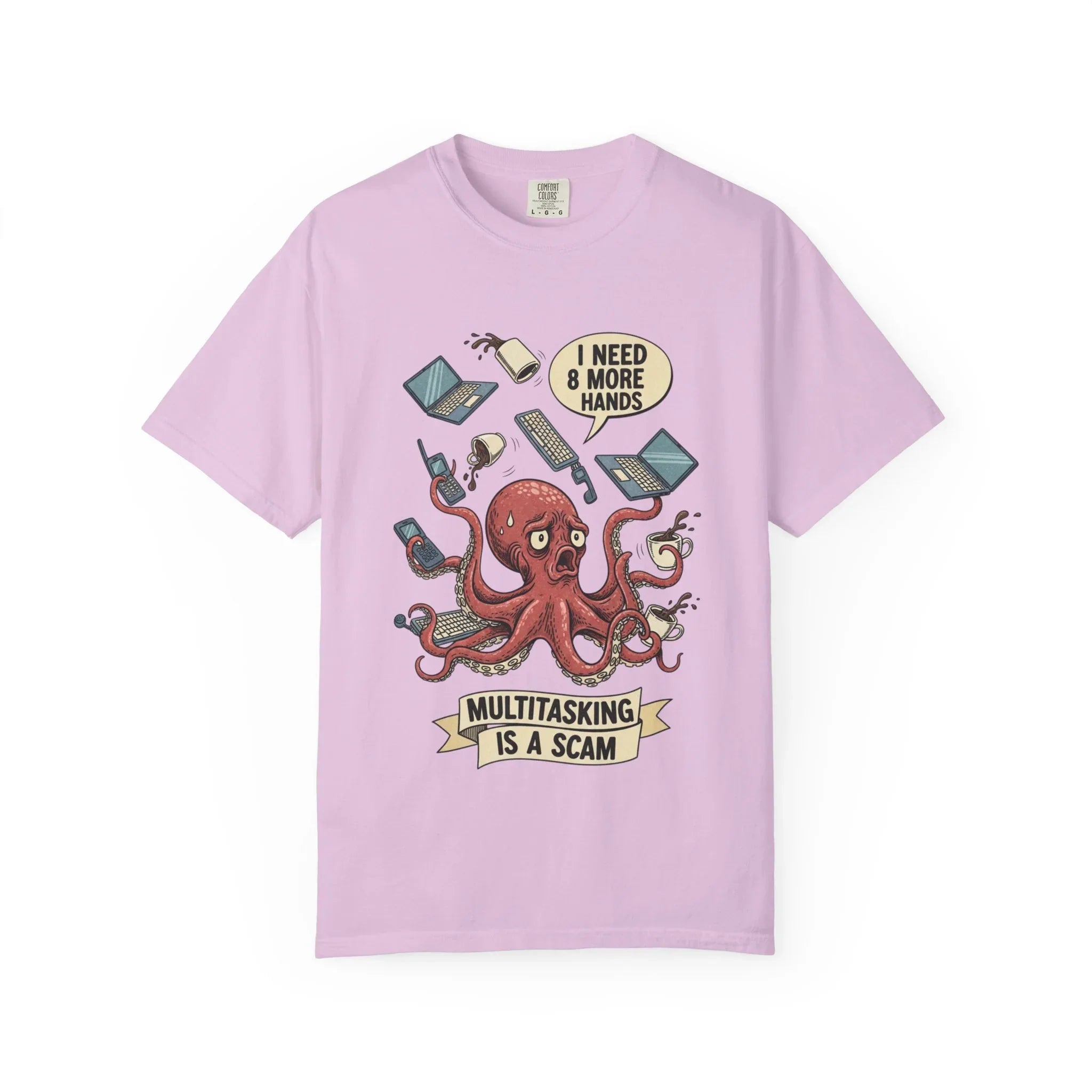 Funny Octopus Shirt - "Multitasking Is A Scam" T-Shirt - Vintage Work Humor Tee - Office Gift for Coworker - Burnout Graphic Tee - Retro Cartoon Top Orchid