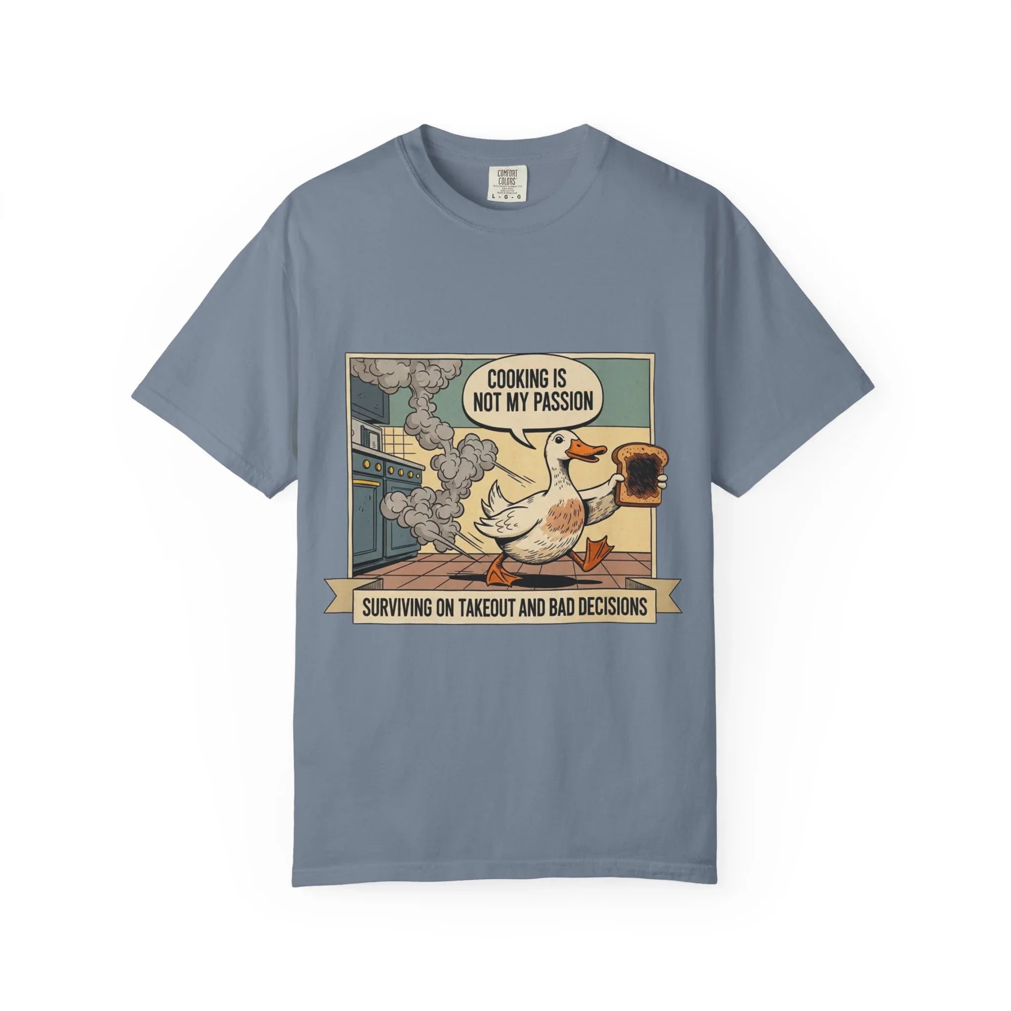Funny Duck Cooking Shirt Retro Kitchen Fail Tee Sarcastic Foodie Gift Cooking Is Not My Passion Surviving On Takeout Shirt Vintage Cartoon Blue Jean