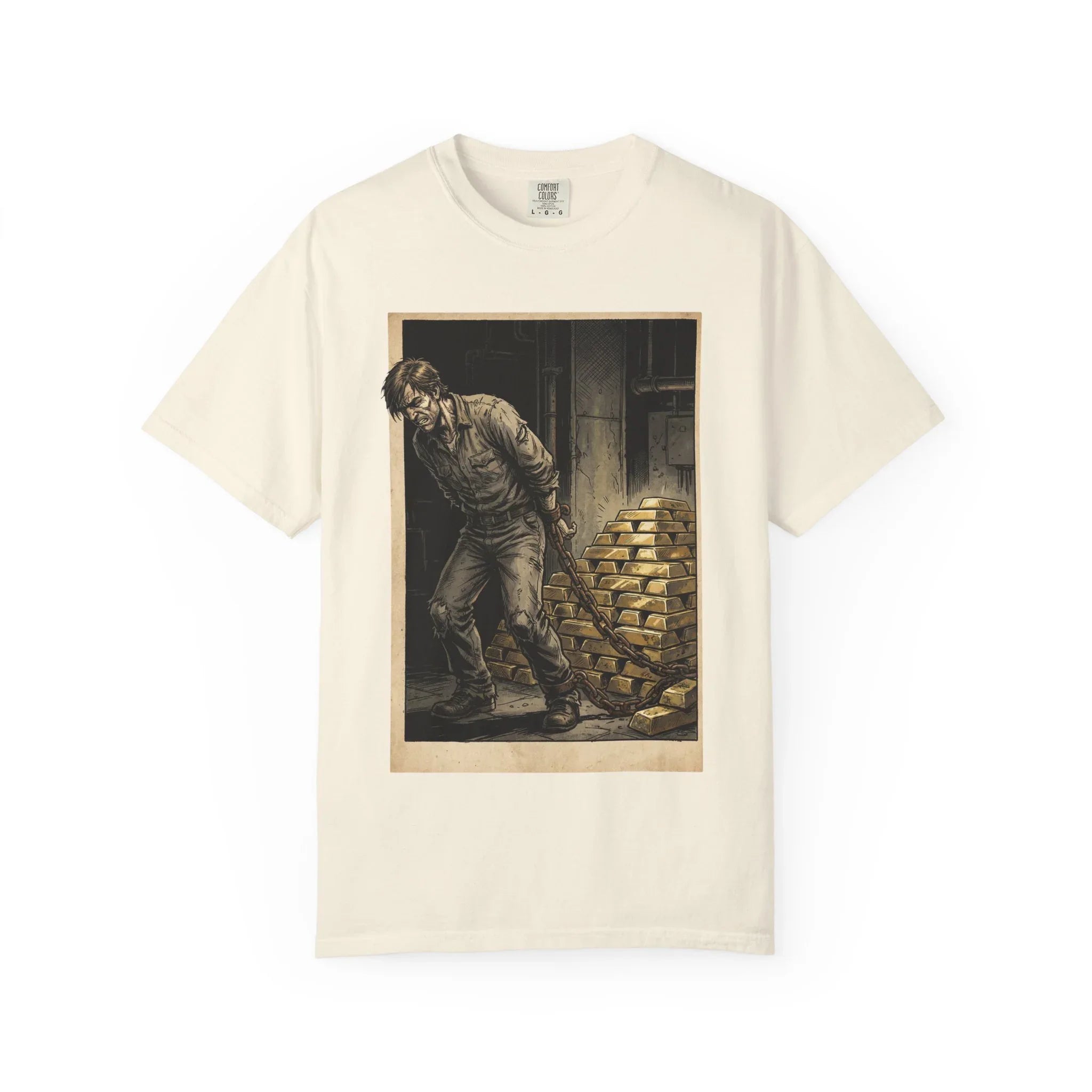 Heavy Gold Chains Satirical Shirt - Gritty Comic Art Tee - "Golden Burden" Wealth Trap Graphic - Vintage Prisoner of Greed Gift - Dark Humor Satire Streetwear Ivory
