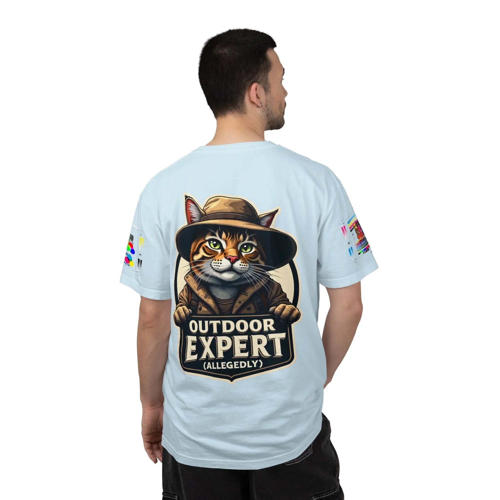 Outdoor Expert Cat T-Shirt, Outdoor Expert (Allegedly) Back Print Tee, Funny Camping Cat in Fedora Badge, Unisex Garment-Dyed Chambray