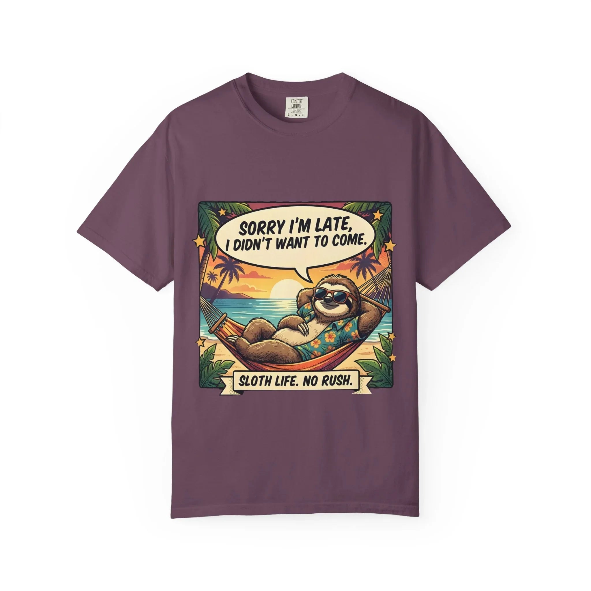 Sorry Im Late Sloth Hammock T-Shirt | Sloth Life No Rush Tee | Beach Chill Humor Gift | Vintage Tropical Lazy Shirt Berry M