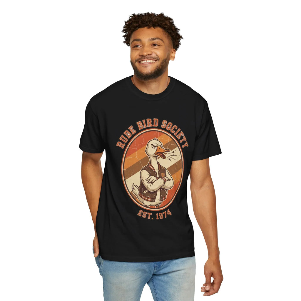 Dude Bird Society Goose T-Shirt | Retro Vintage Badge Est 1974 | Sunset Stripes Graphic | Garment-Dyed Heavyweight Unisex