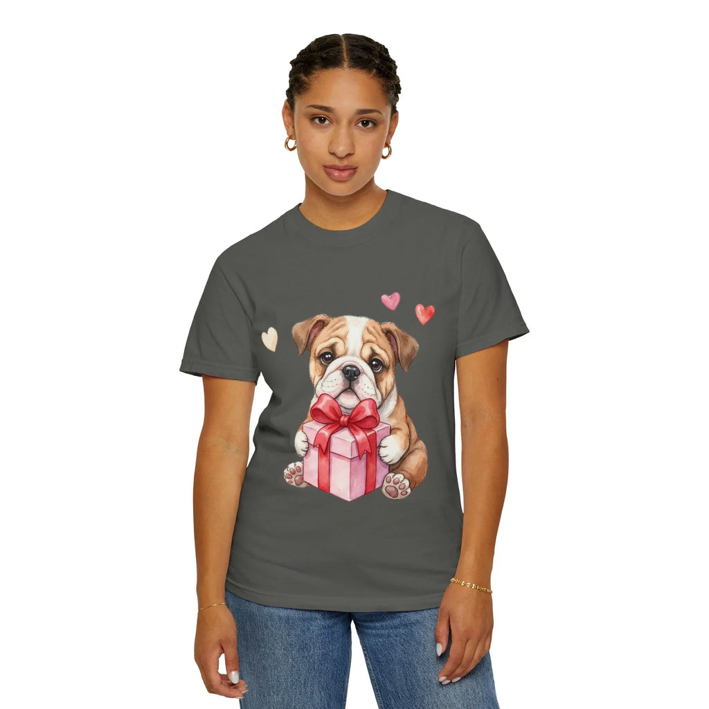 Bulldog Puppy with Gift T-Shirt | Cute Dog Valentine Hearts | Cozy Pet Lover Gift | Soft Vintage Aesthetic Dog Tee