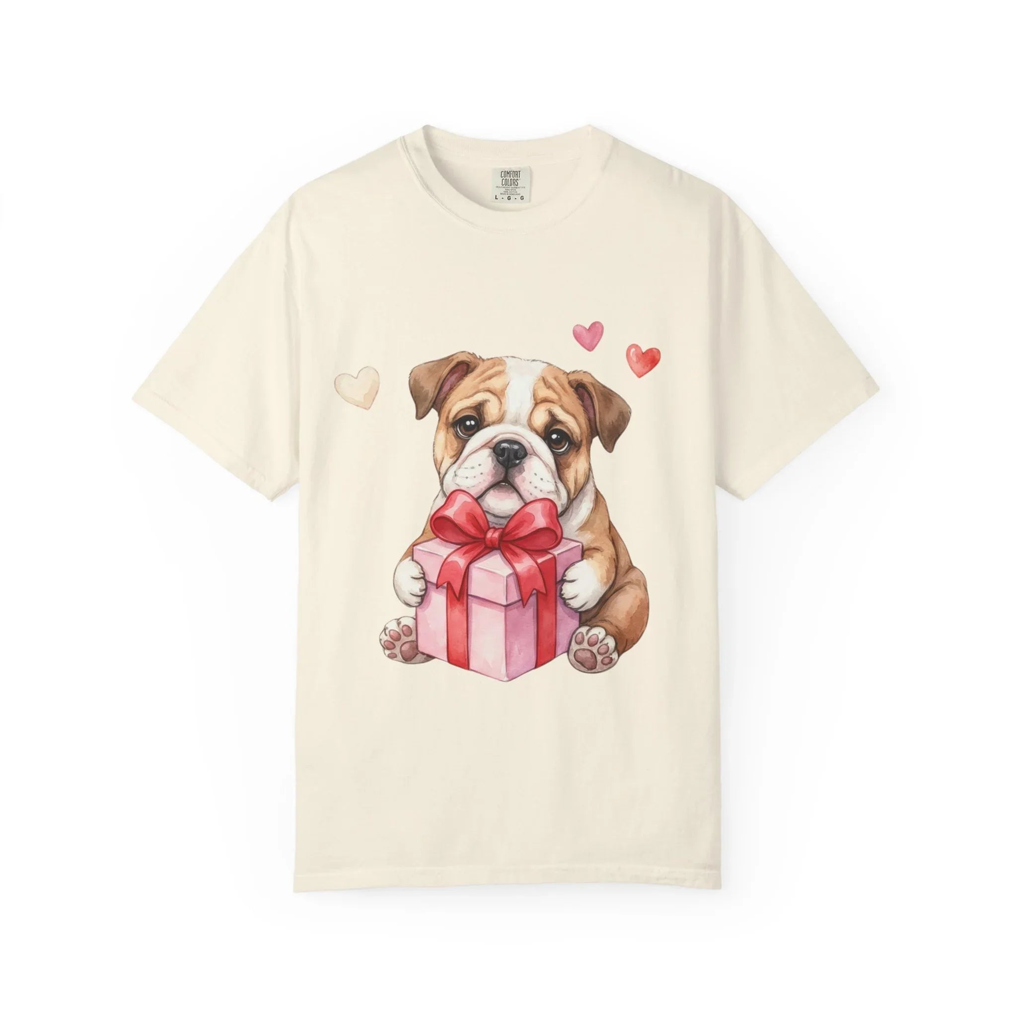 Bulldog Puppy with Gift T-Shirt | Cute Dog Valentine Hearts | Cozy Pet Lover Gift | Soft Vintage Aesthetic Dog Tee Ivory