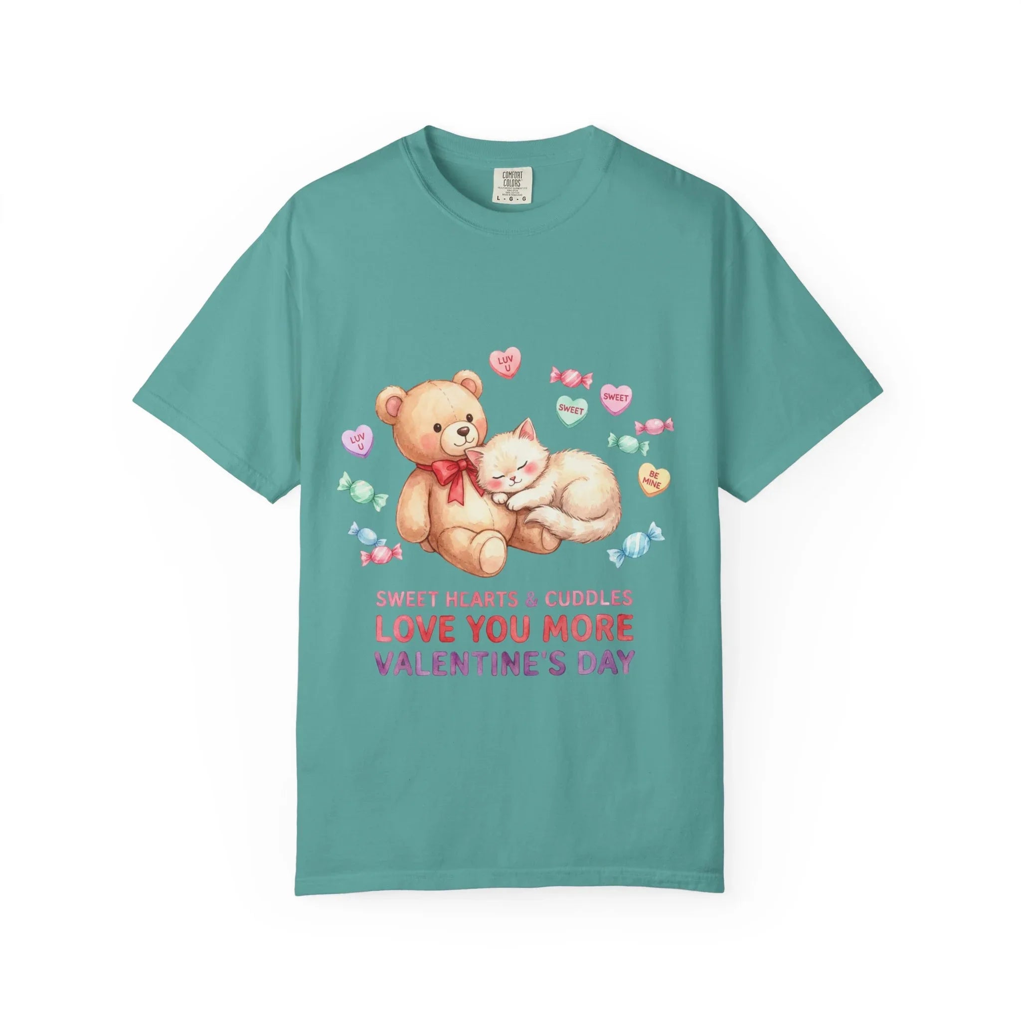 Cute Bear and Kitten Valentine T-shirt | Vintage Soft Love Tee | Couple Gift | Aesthetic Comfort Shirt | Retro Candy Heart Design Seafoam