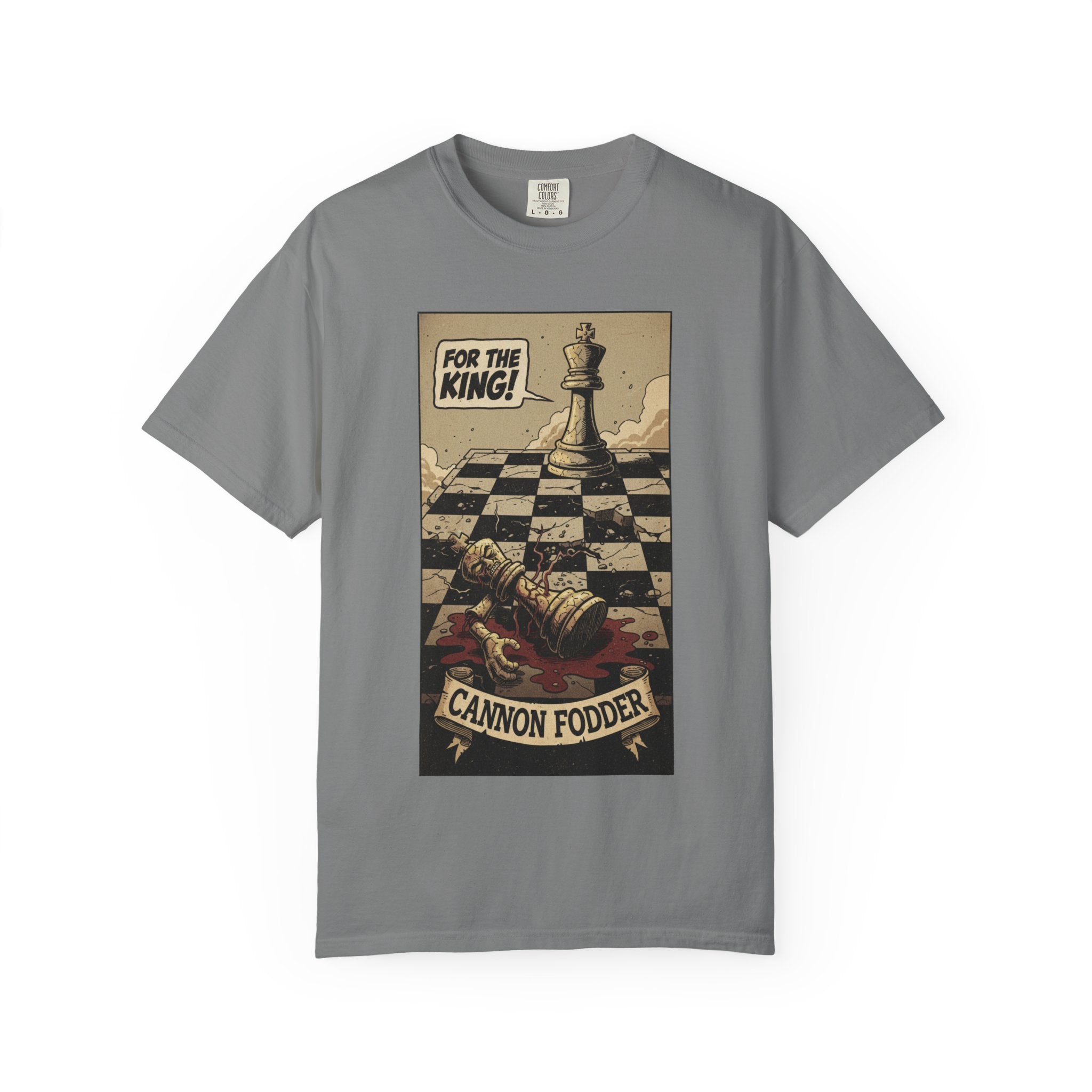 T-Shirt — "For the King! Cannon Fodder" Vintage Chess Graphic Tee Grey