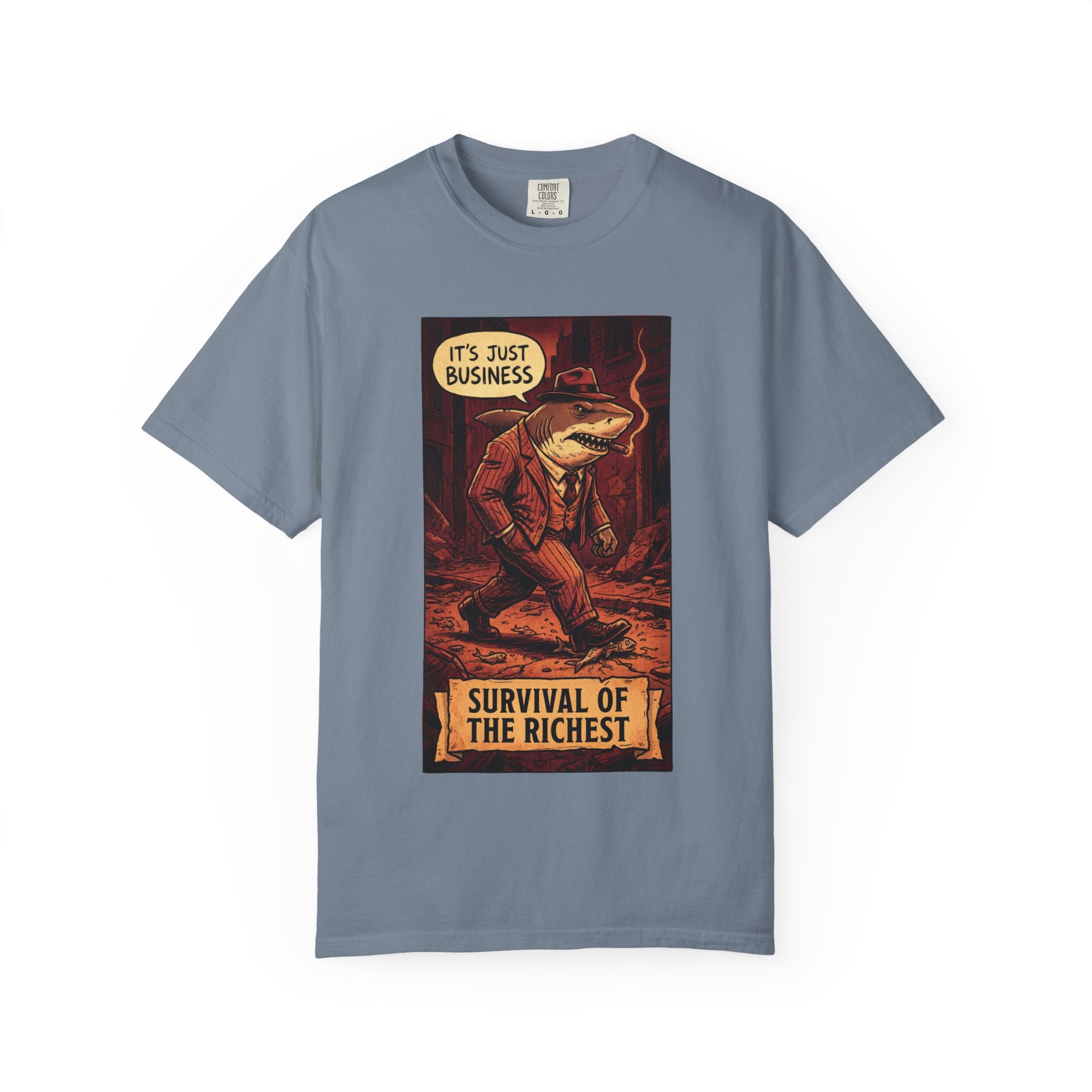Survival of the Richest Vintage Comic Shirt | Retro Business Shark Satire Tee | Dark Humor Corporate Streetwear Blue Jean