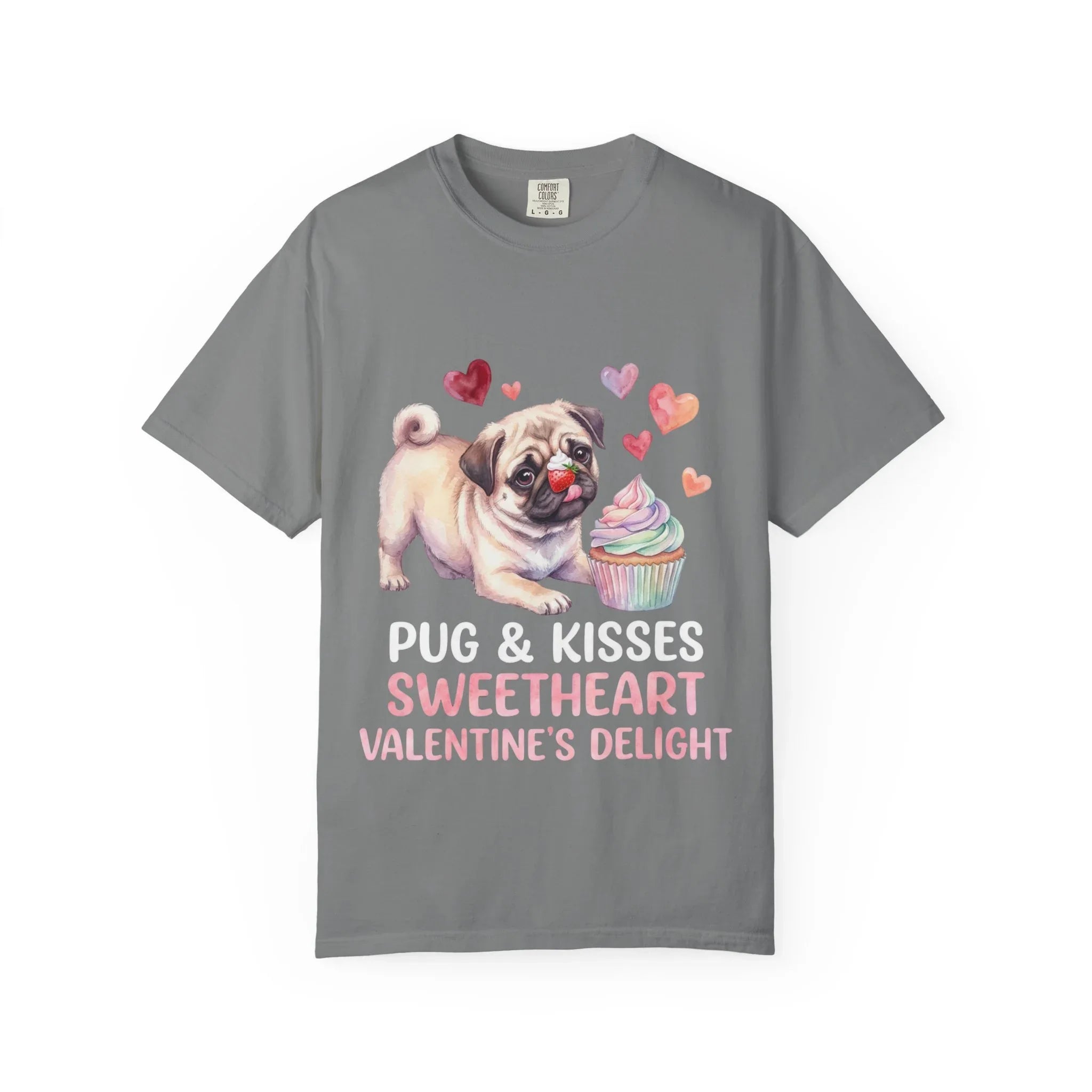 Pug Cupcake Sweetheart Valentines Delight T Shirt Cute Dog Hearts Watercolor Cozy Vintage Aesthetic Gift Pug Lovers Soft Cotton Romantic Tee Grey