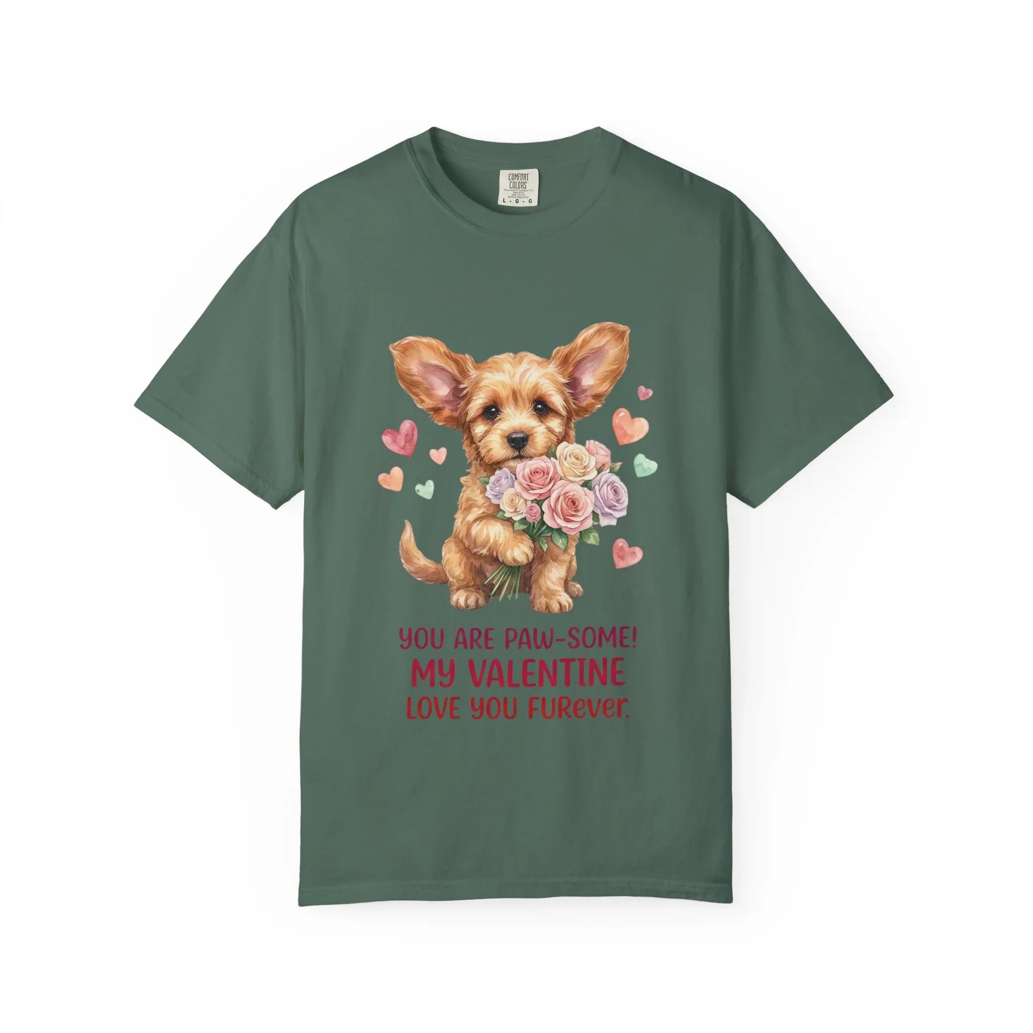 Cute Puppy Holding Roses Valentine T Shirt Paw-some Love You Furever Watercolor Cozy Vintage Aesthetic Gift Dog Lovers Soft Cotton Romantic Blue Spruce