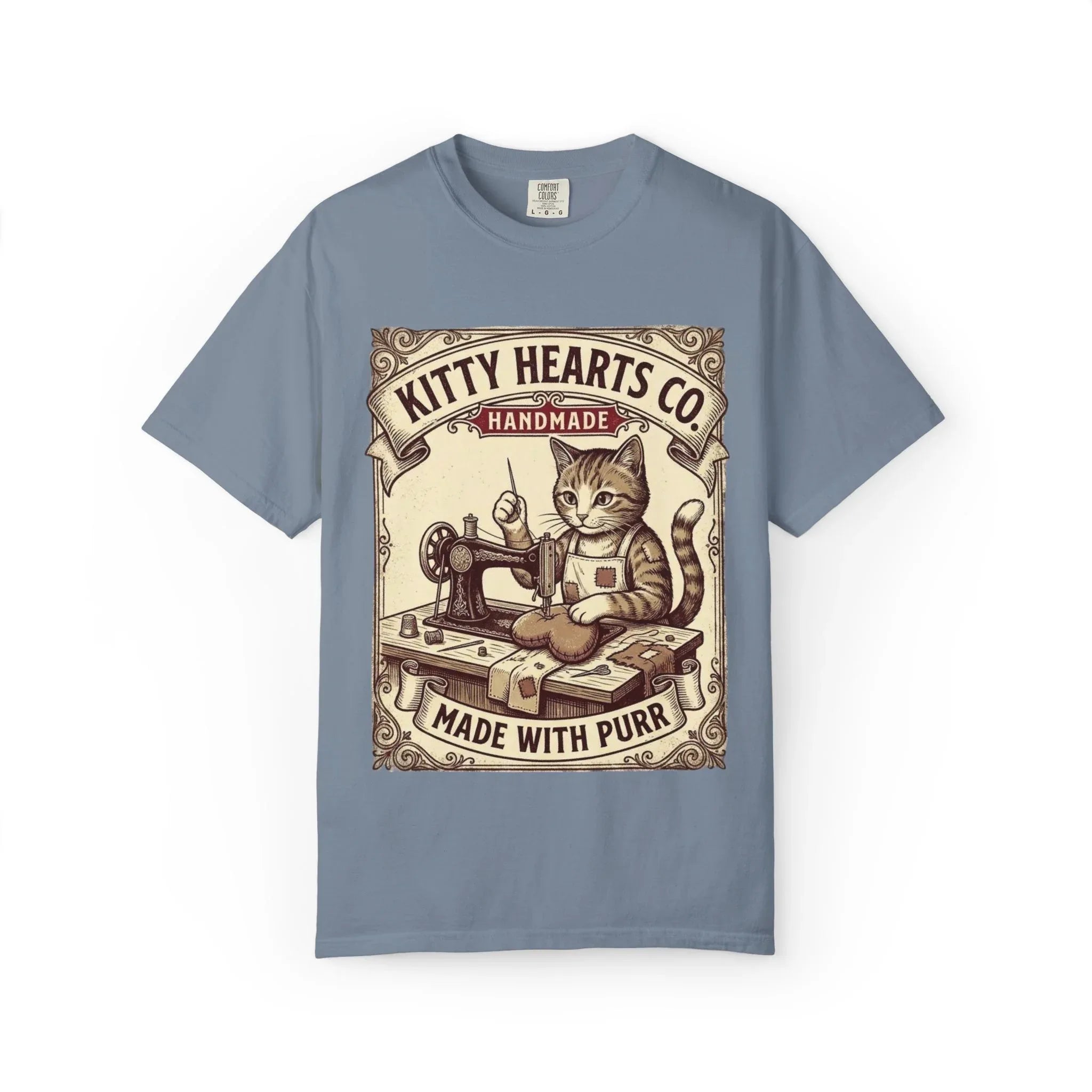 Kitty Hearts Co T-Shirt | Vintage Sewing Cat Made With Purr Graphic Tee | Retro Craft Lover Gift Blue Jean