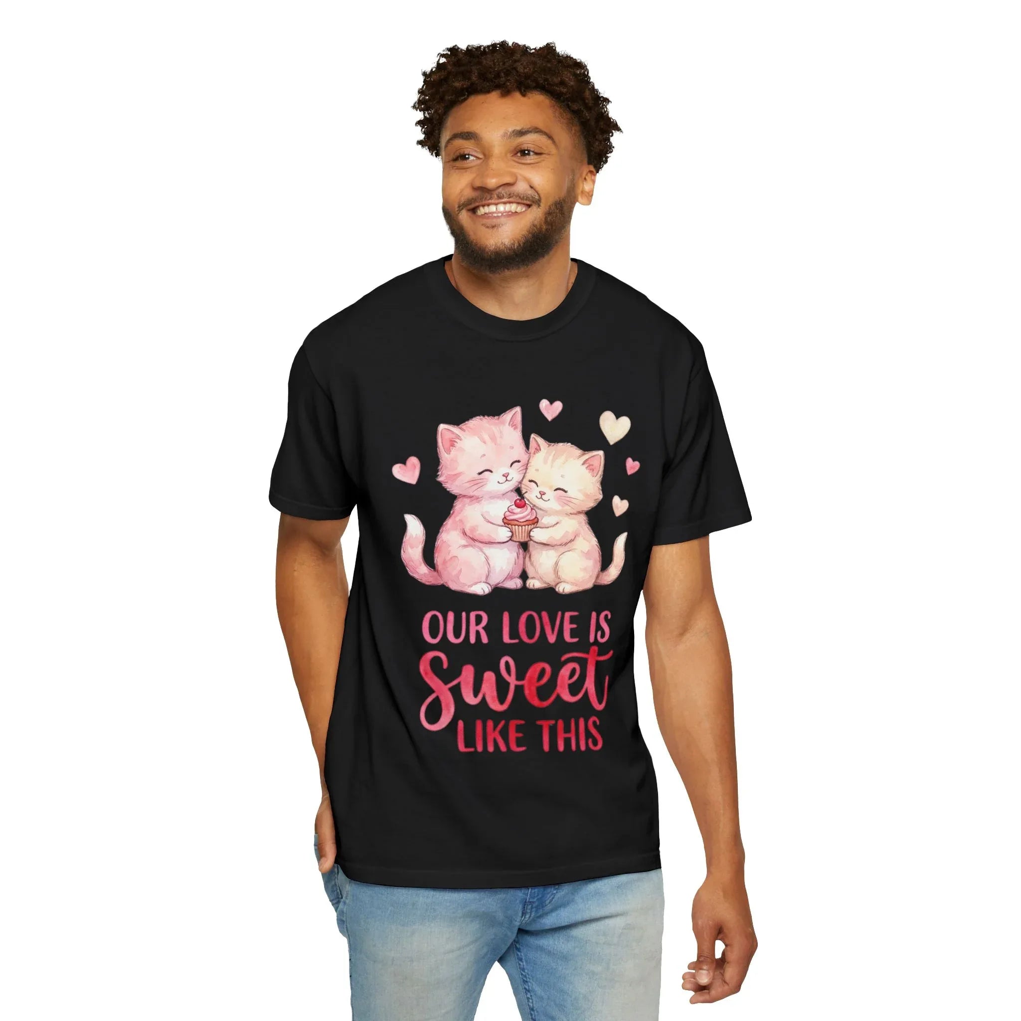 Cute Kittens Holding Cupcake Our Love Is Sweet T-Shirt | Valentine Cat Lover Tee | Vintage Cozy Aesthetic | Soft Romantic Gift Black