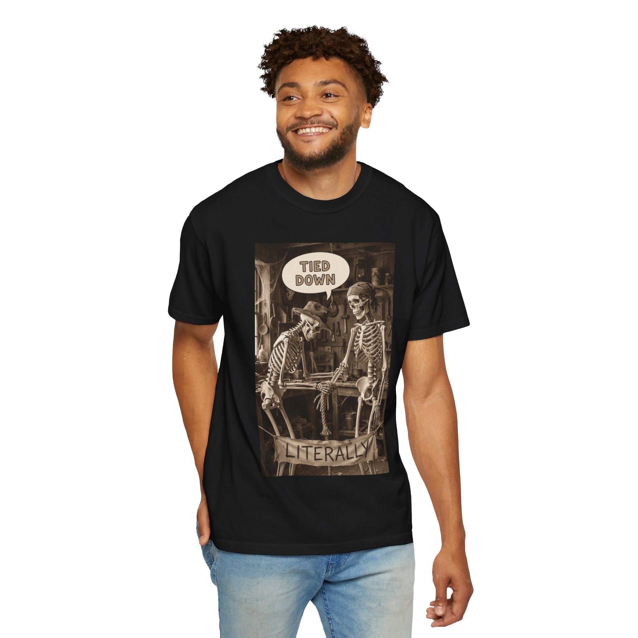 🪢 Tied Down Literally – Vintage Skeleton Satire & Dark Humor Streetwear Unisex Garment-Dyed T-shirt