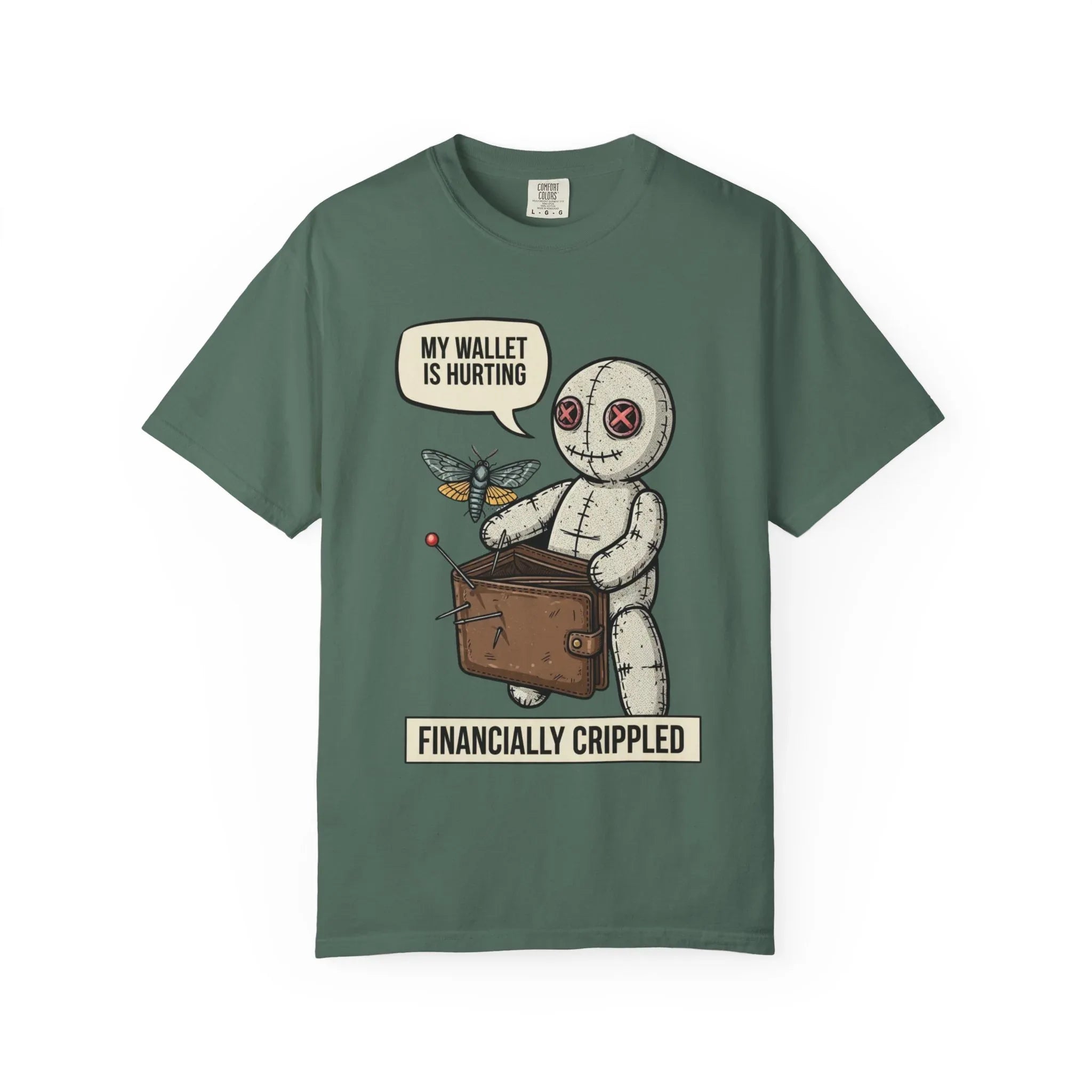 Funny Voodoo Doll Broke Life Shirt - Sarcastic "Financially Crippled" Graphic Tee - Retro Dark Humor Wallet T-Shirt - Vintage Aesthetic Streetwear Gift - Relatable Financial Struggle Mood Shirt Blue Spruce