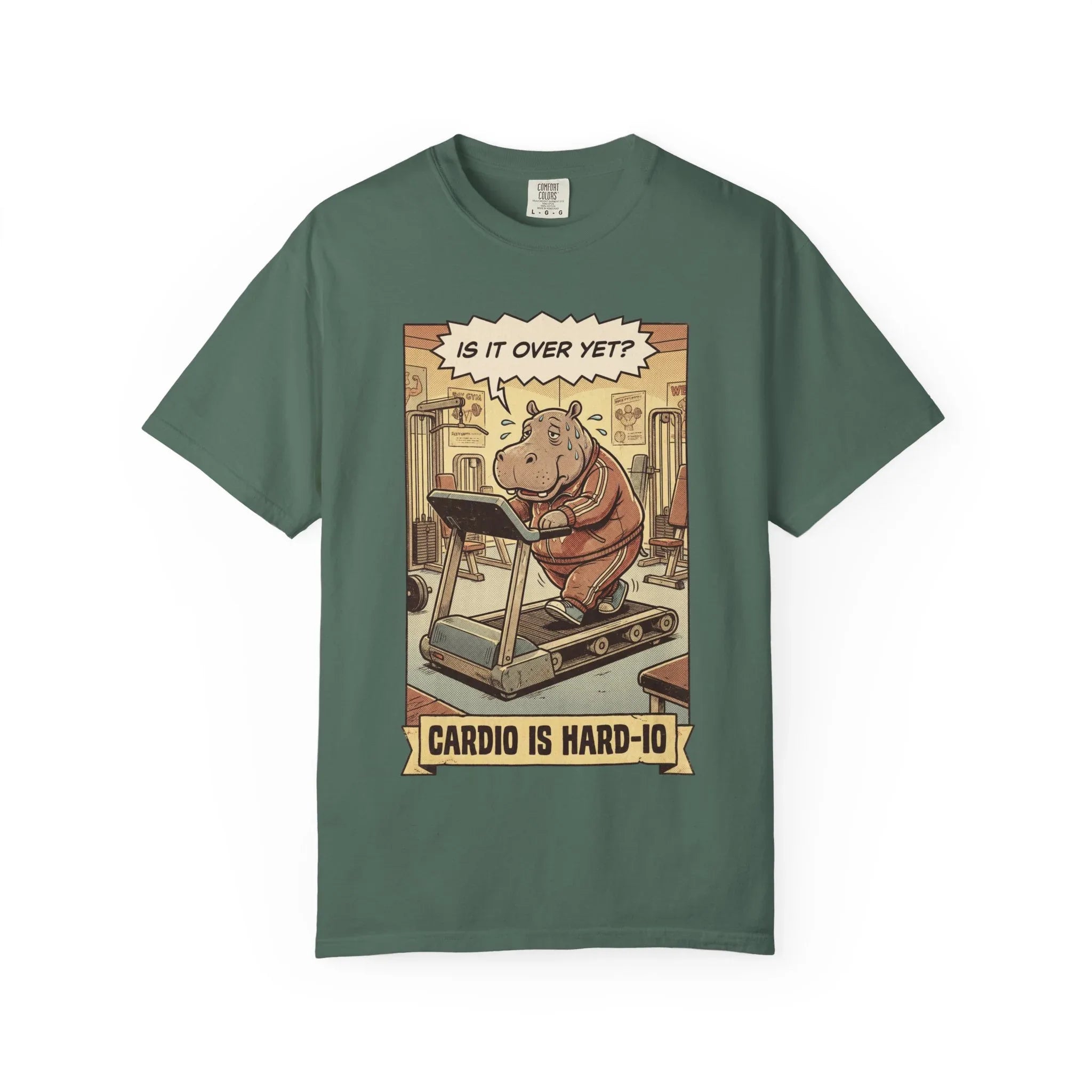 Funny Hippo Gym Shirt - "Cardio is Hard-io" Retro Workout Tee - Sarcastic Fitness Graphic T-Shirt - Vintage Runner & Weightlifter Gift - Humorous Exercise Streetwear Blue Spruce