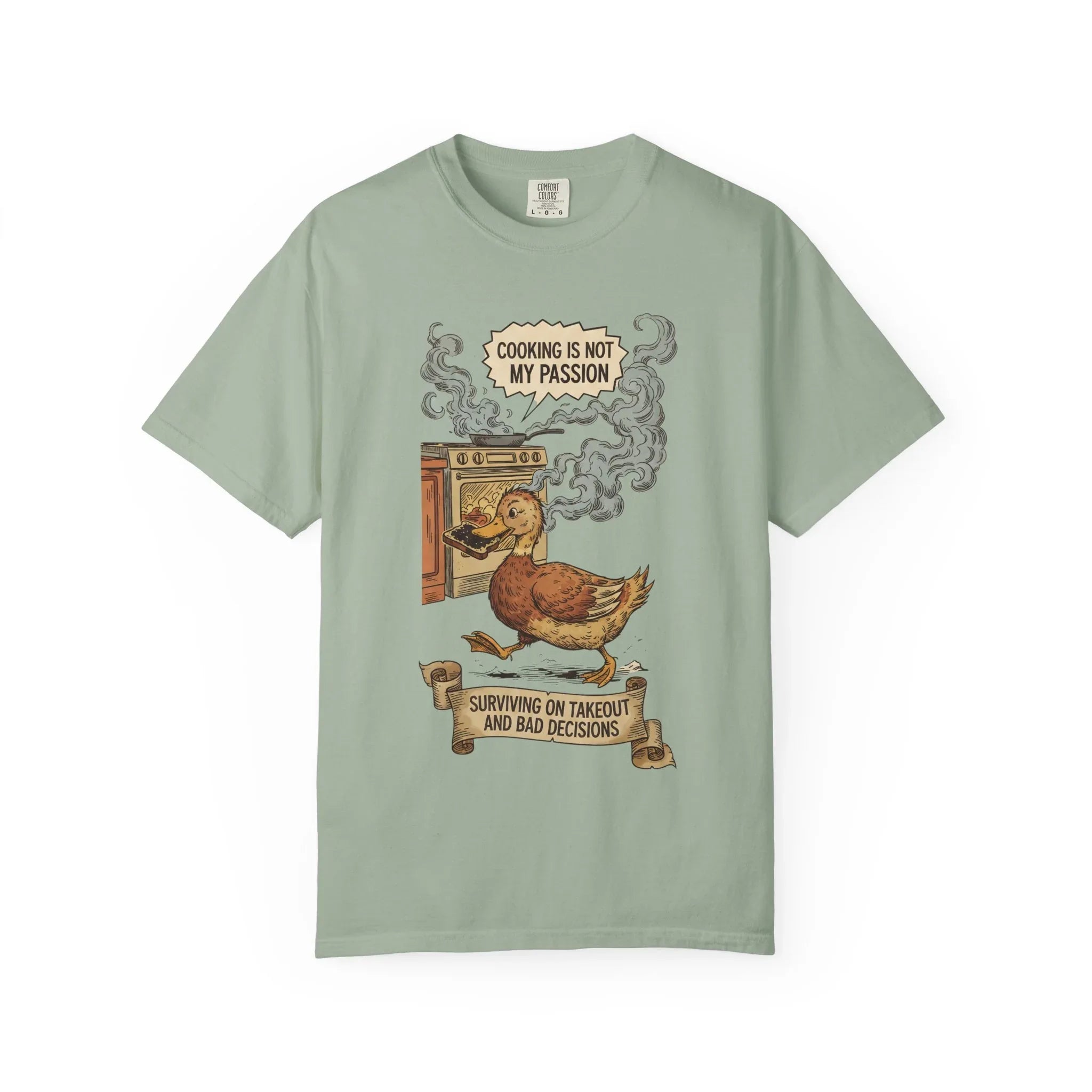 Funny Cooking Duck Shirt - "Cooking Is Not My Passion" Tee - Bad Cook Kitchen Fail Gift - Retro Duck Meme T-Shirt - Humorous Home Chef Gift for Mom & Dad Bay