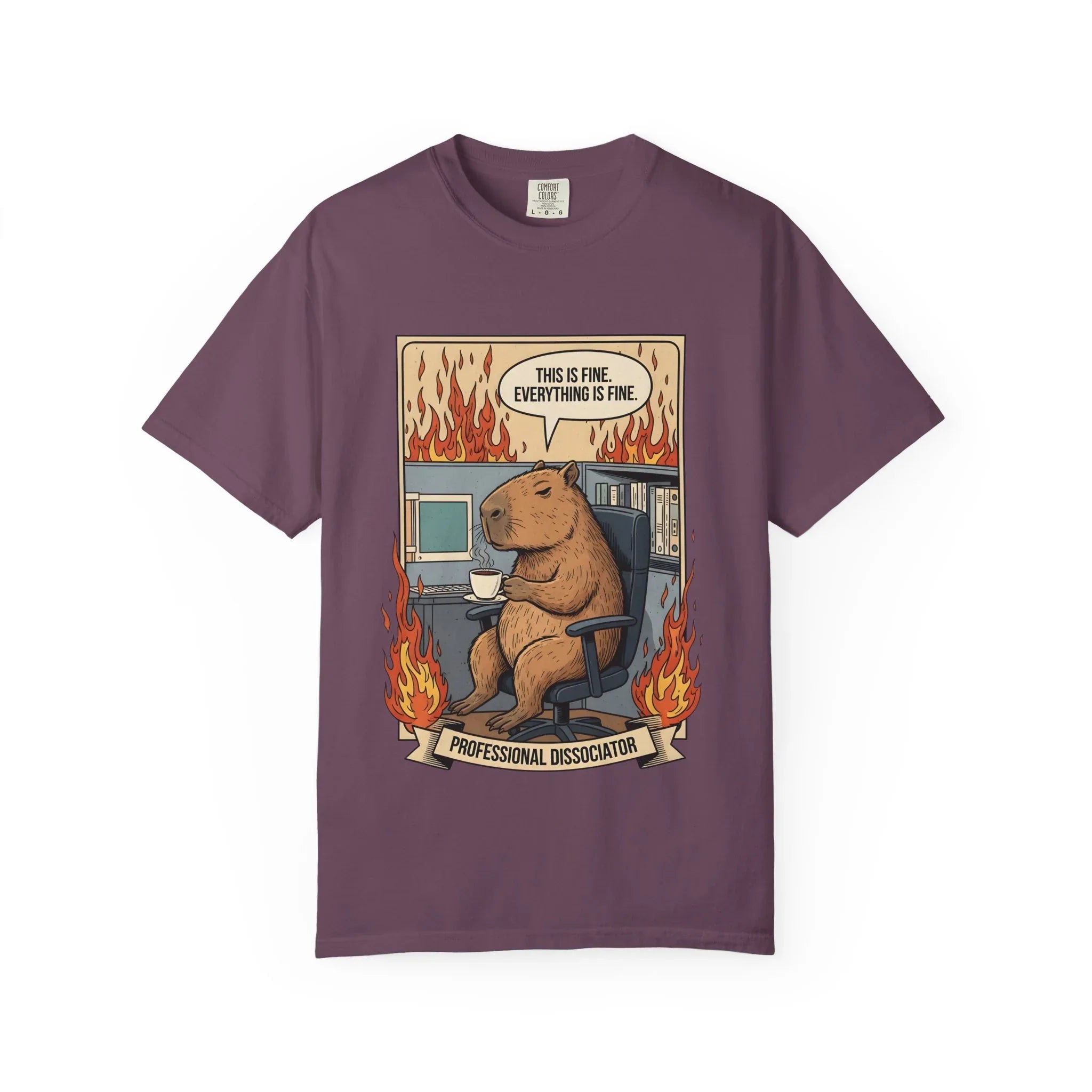 Funny Capybara Shirt - "This Is Fine" Meme Hoodie - Professional Dissociator Gift - Office Humor Graphic Tee - Anxiety & Mental Health Crewneck - Cute Chill Rodent Top Berry M