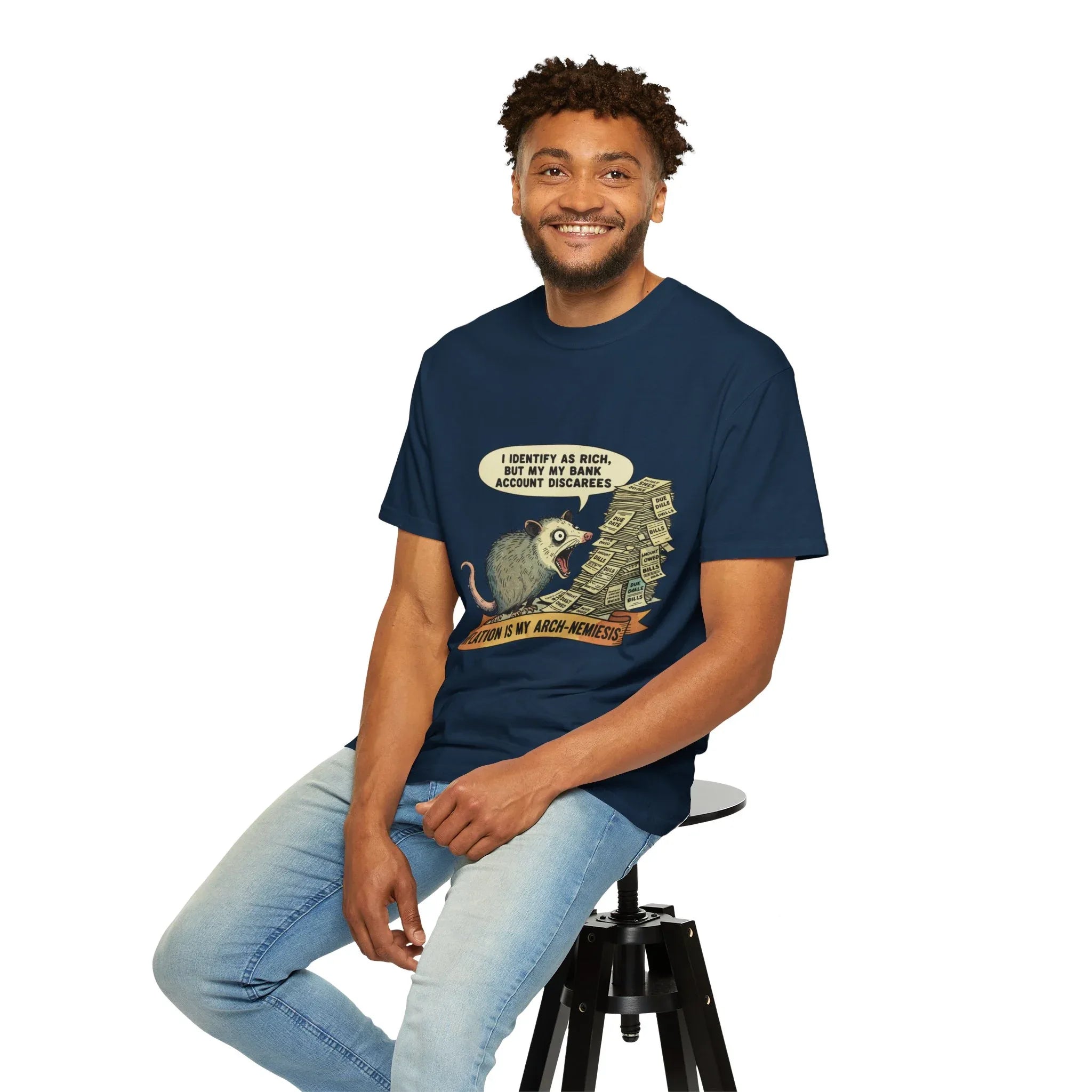 Funny Opossum Shirt - "Inflation Is My Arch-Nemesis" Tee - Relatable Financial Meme Gift - Sarcastic Possum T-Shirt - Screaming Trash Animal Budgeting Top True Navy