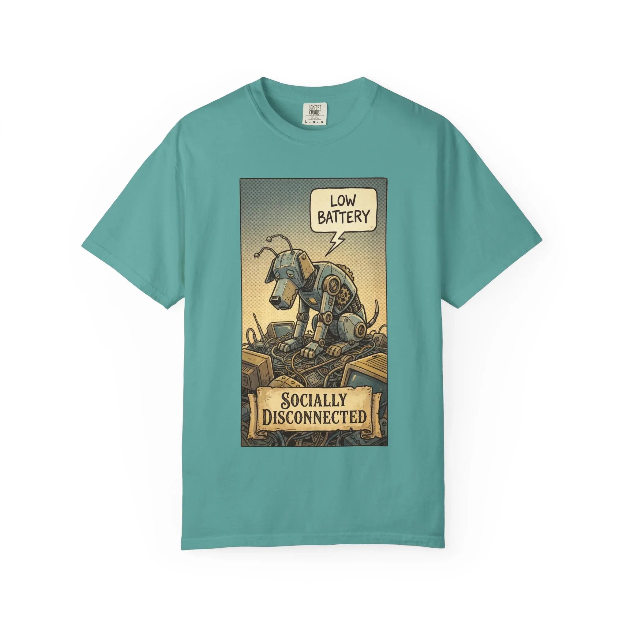 Socially Disconnected Robot Dog Shirt - Vintage Retro Comic Tee - Social Battery Introvert Gift - Satirical Humor Aesthetic T-Shirt - Relatables Low Battery Robot Graphic Tee Seafoam
