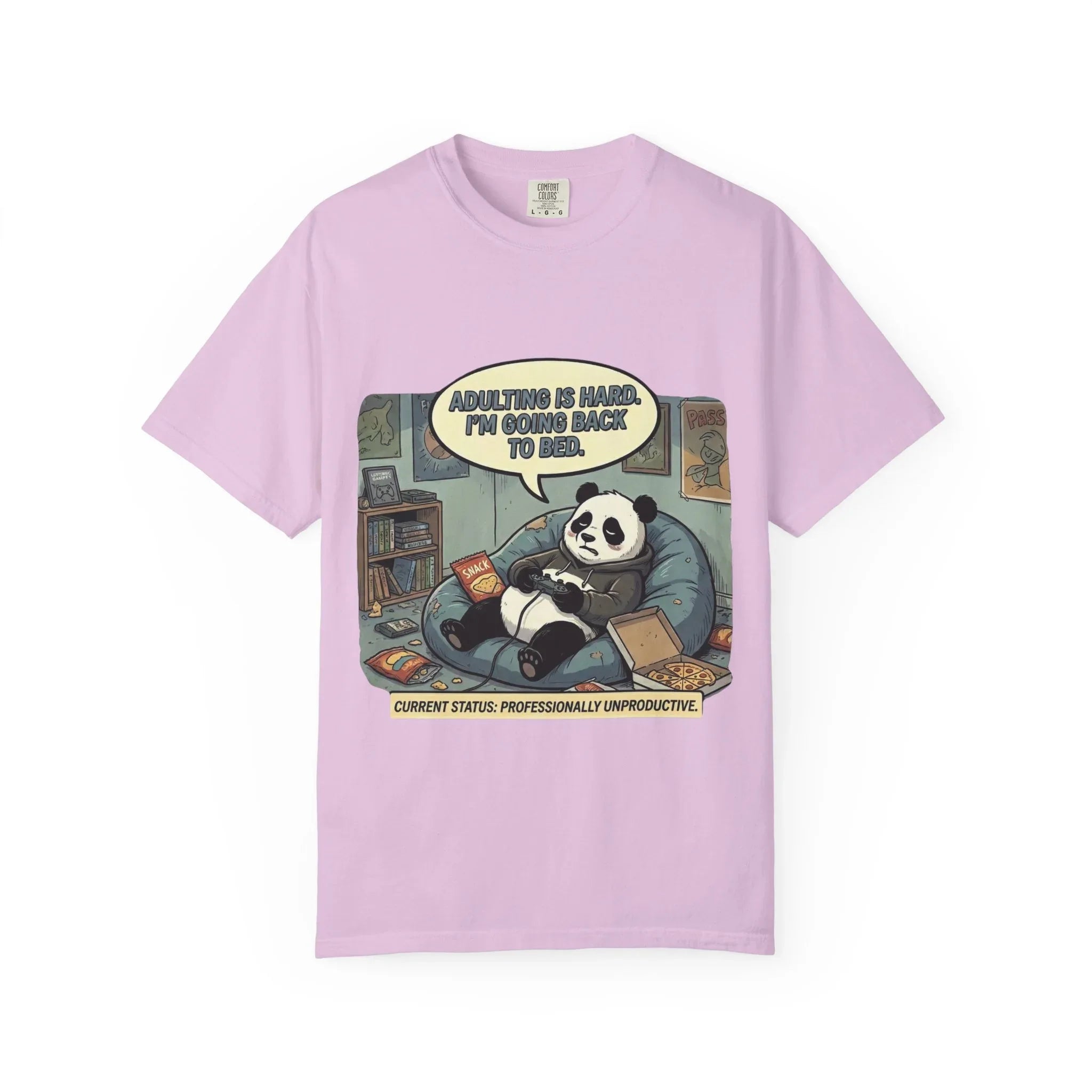 Adulting Is Hard Panda T-Shirt | Lazy Reading Graphic Tee | Cozy Bookworm Humor Gift | Vintage Anti Hustle Comic Shirt Orchid