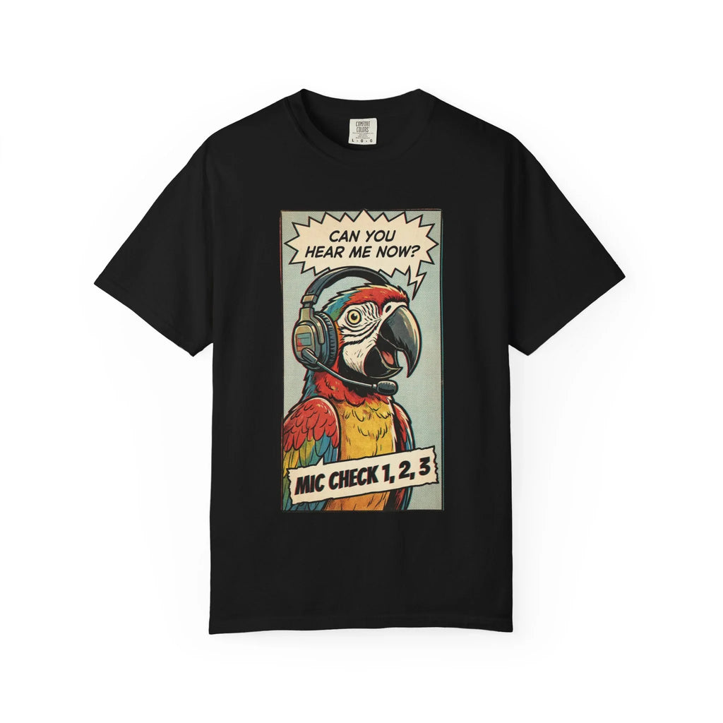 Funny Parrot Gamer Shirt - Vintage Comic Pop Art T-Shirt - Retro Macaw Bird "Mic Check" Graphic Tee - Sarcastic Podcast & Streamer Gift - Aesthetic Bird Lover Streetwear Black