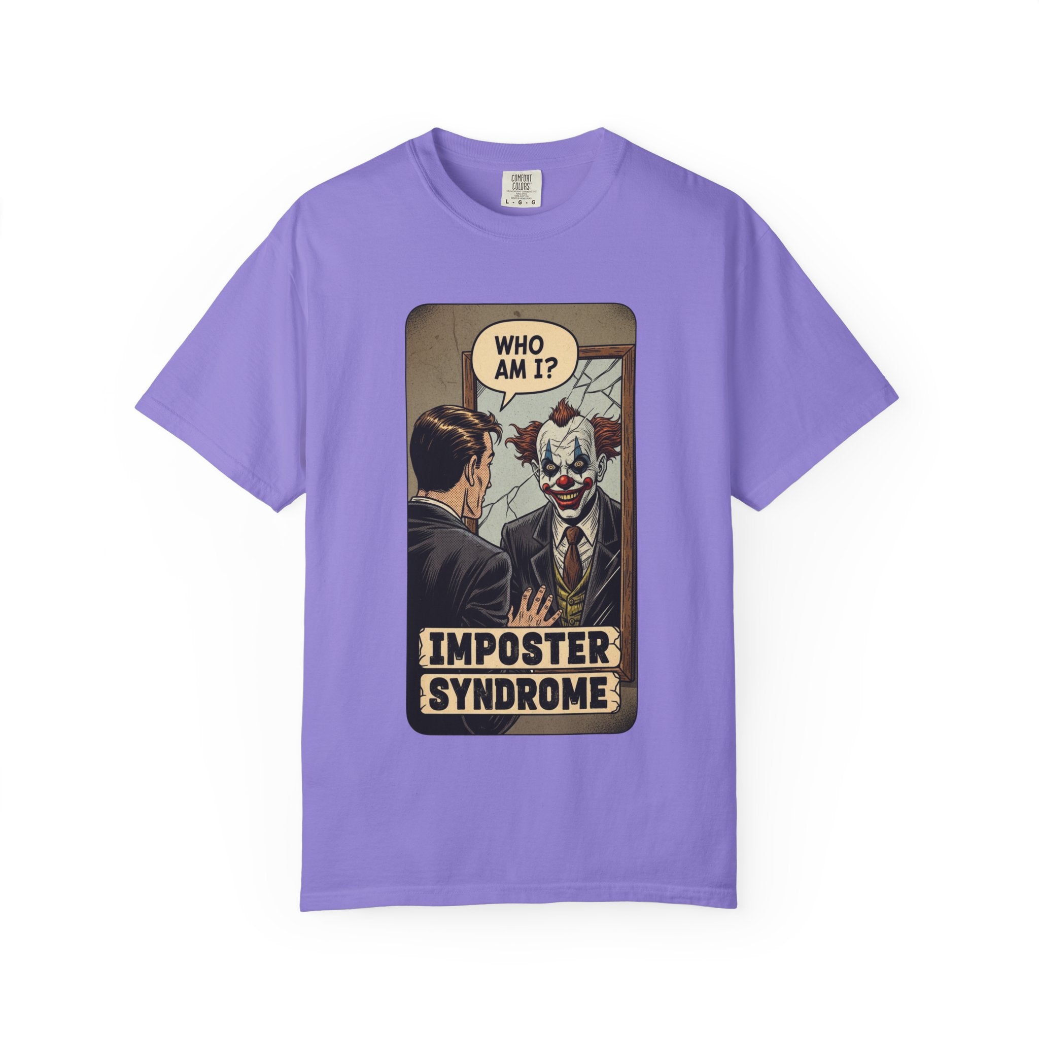 Imposter Syndrome Shirt Vintage Clown Mirror Tee Funny Mental Health Graphic T-Shirt Sarcastic Retro Who Am I Top Corporate Humor Gift Violet