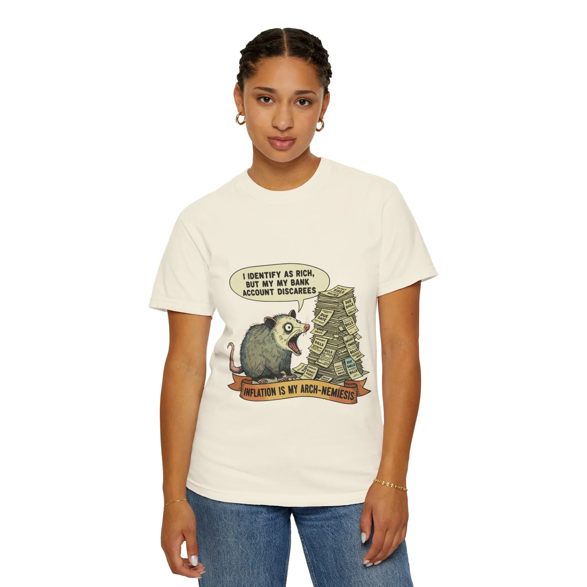 Funny Opossum Shirt - "Inflation Is My Arch-Nemesis" Tee - Relatable Financial Meme Gift - Sarcastic Possum T-Shirt - Screaming Trash Animal Budgeting Top Ivory