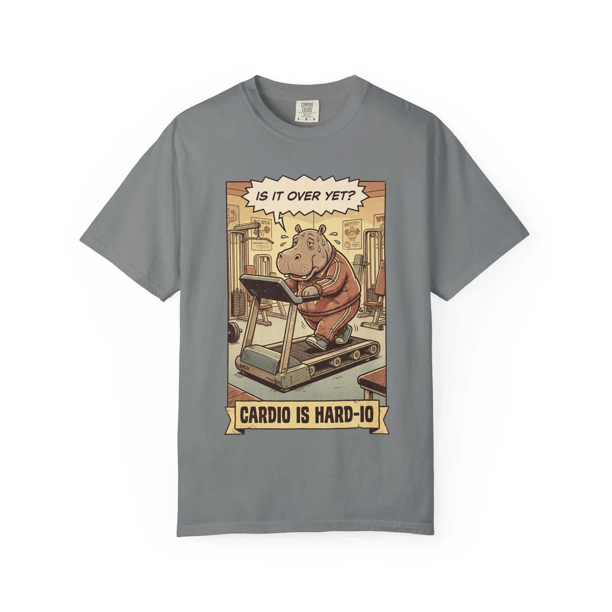 Funny Hippo Gym Shirt - "Cardio is Hard-io" Retro Workout Tee - Sarcastic Fitness Graphic T-Shirt - Vintage Runner & Weightlifter Gift - Humorous Exercise Streetwear Grey