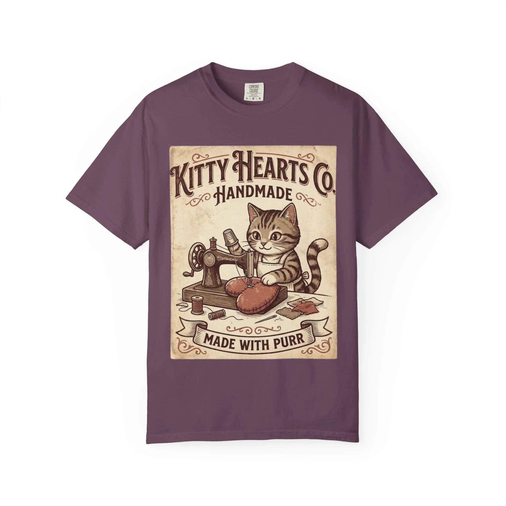 Kitty Hearts Co T-Shirt | Vintage Handmade Cat Sewing Made With Purr Graphic Tee Berry M