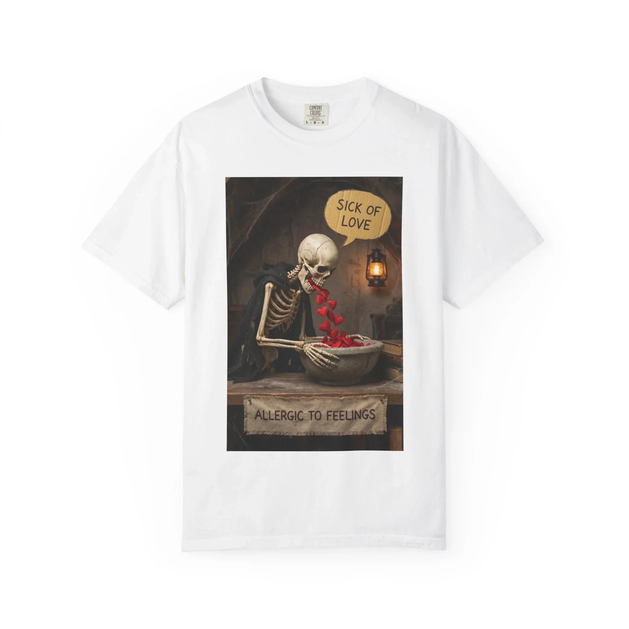 Sick of Love" Allergic To Feelings Vintage Skeleton T-Shirt - Premium Dark Humor Apparel White