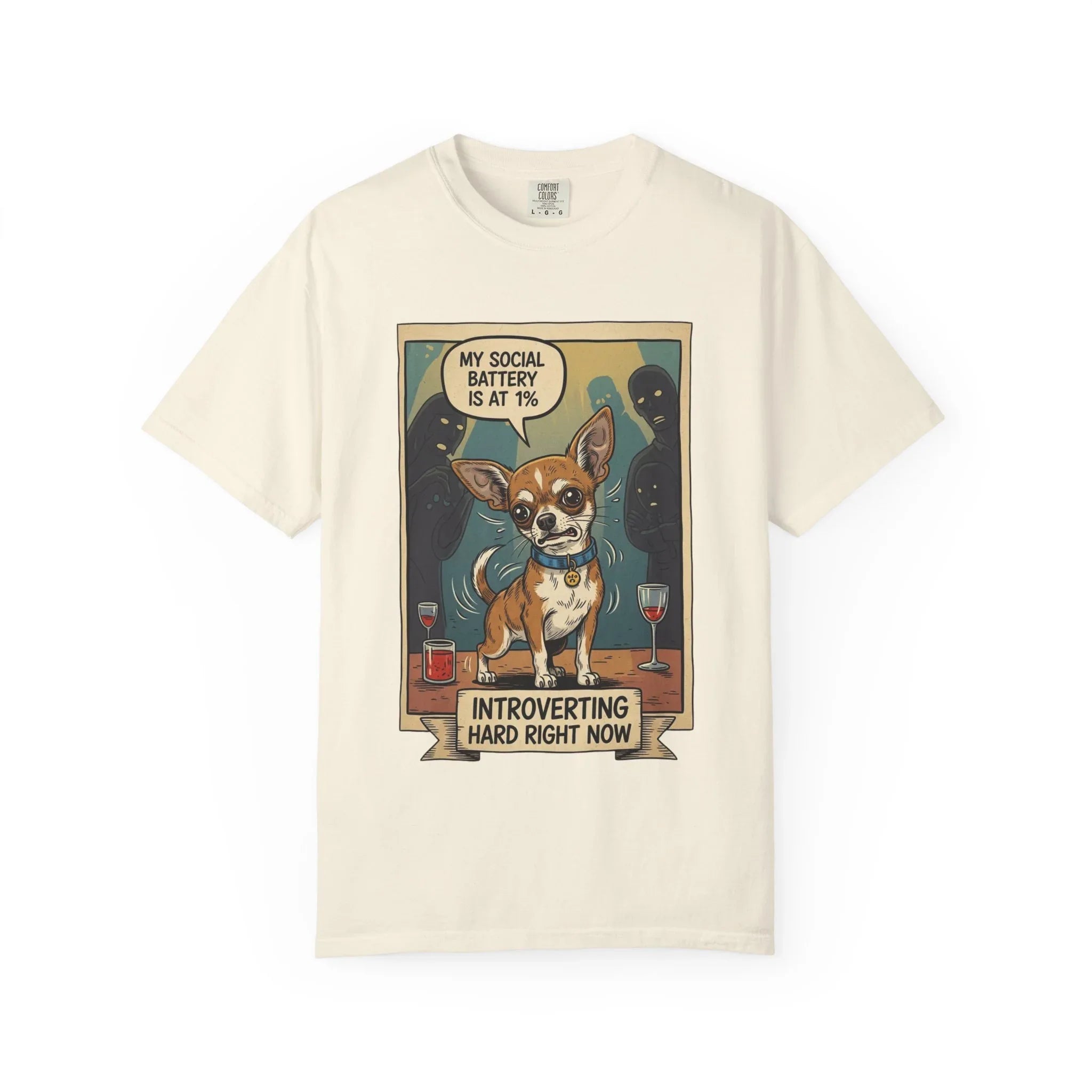 Funny Chihuahua Shirt - "Social Battery 1 Percent" Introvert Tee - Sarcastic Dog Mom Gift - Retro Graphic T-Shirt - Humorous Dog Lover "Introverting Hard" Top Ivory