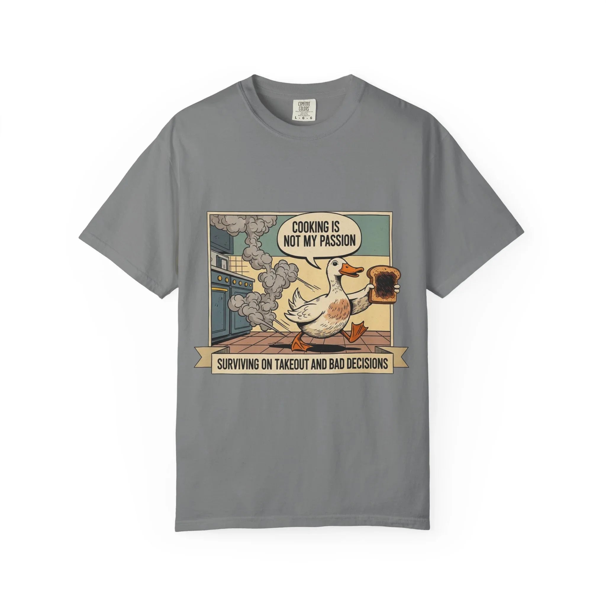 Funny Duck Cooking Shirt Retro Kitchen Fail Tee Sarcastic Foodie Gift Cooking Is Not My Passion Surviving On Takeout Shirt Vintage Cartoon Grey