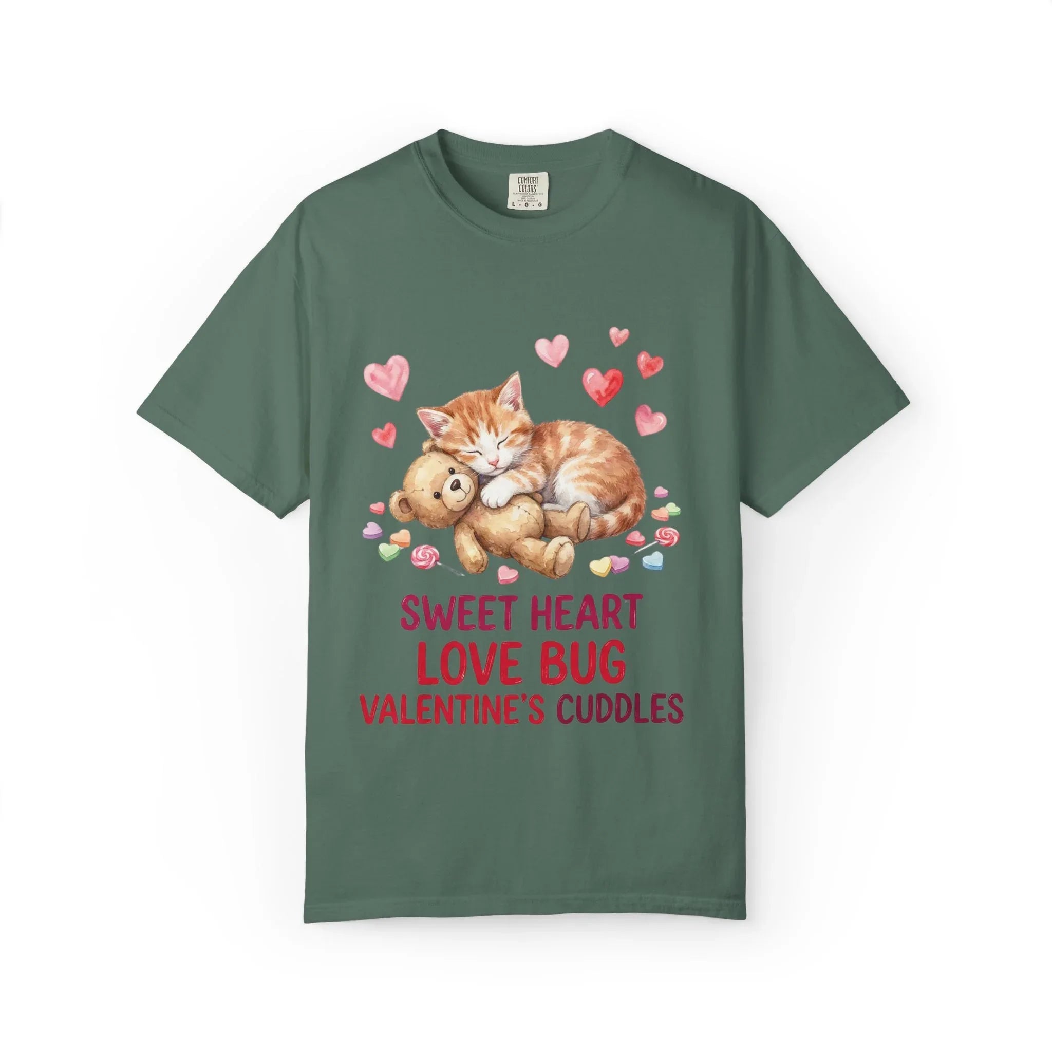 Sleeping Kitten with Teddy Bear Valentine T-Shirt | Sweetheart Love Bug Cuddles | Cozy Vintage Aesthetic | Cute Romantic Gift Blue Spruce