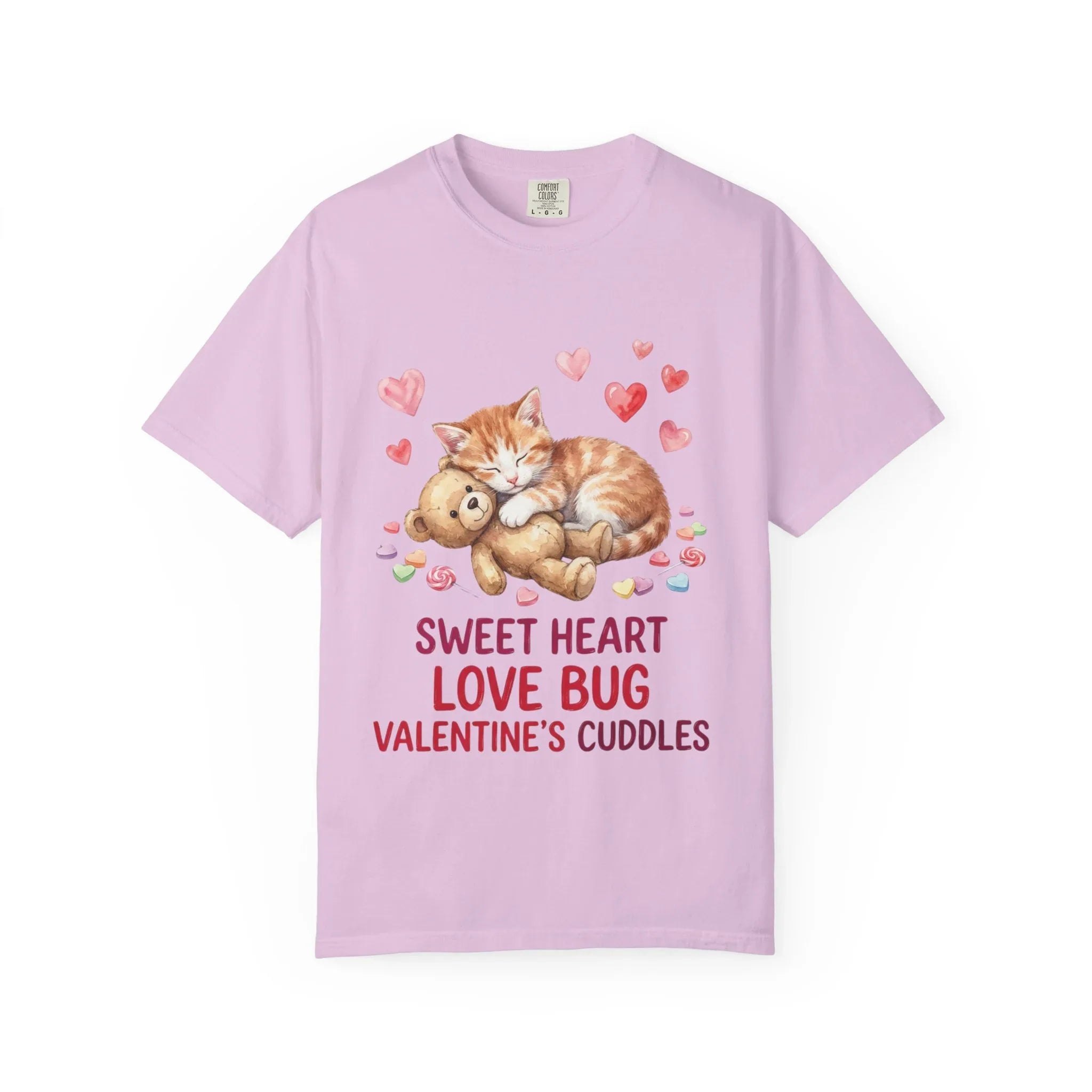 Sleeping Kitten with Teddy Bear Valentine T-Shirt | Sweetheart Love Bug Cuddles | Cozy Vintage Aesthetic | Cute Romantic Gift Orchid