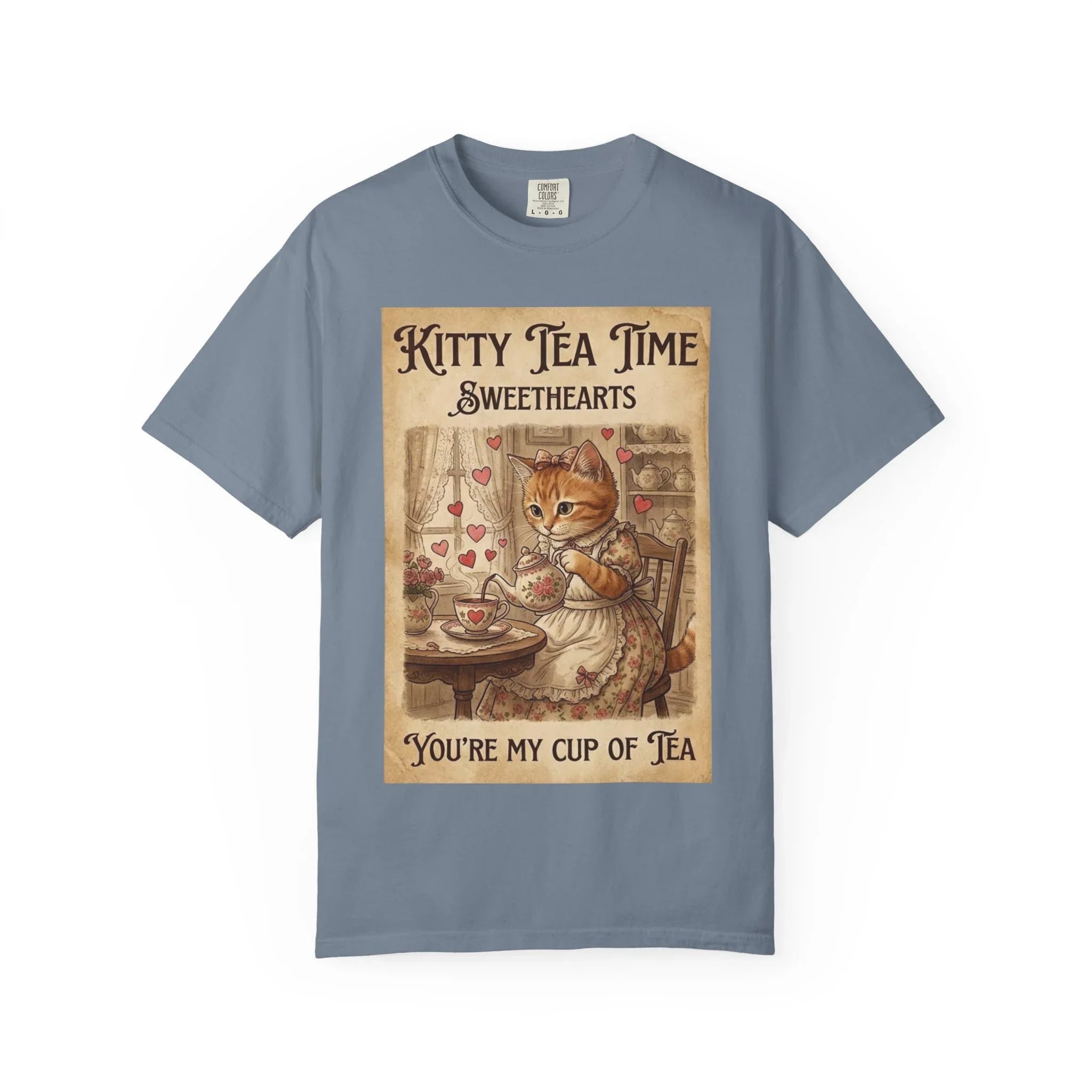 Kitty Tea Time T-Shirt | Vintage Cat Youre My Cup of Tea Graphic Tee | Retro Cozy Cat Lover Gift Shirt Blue Jean