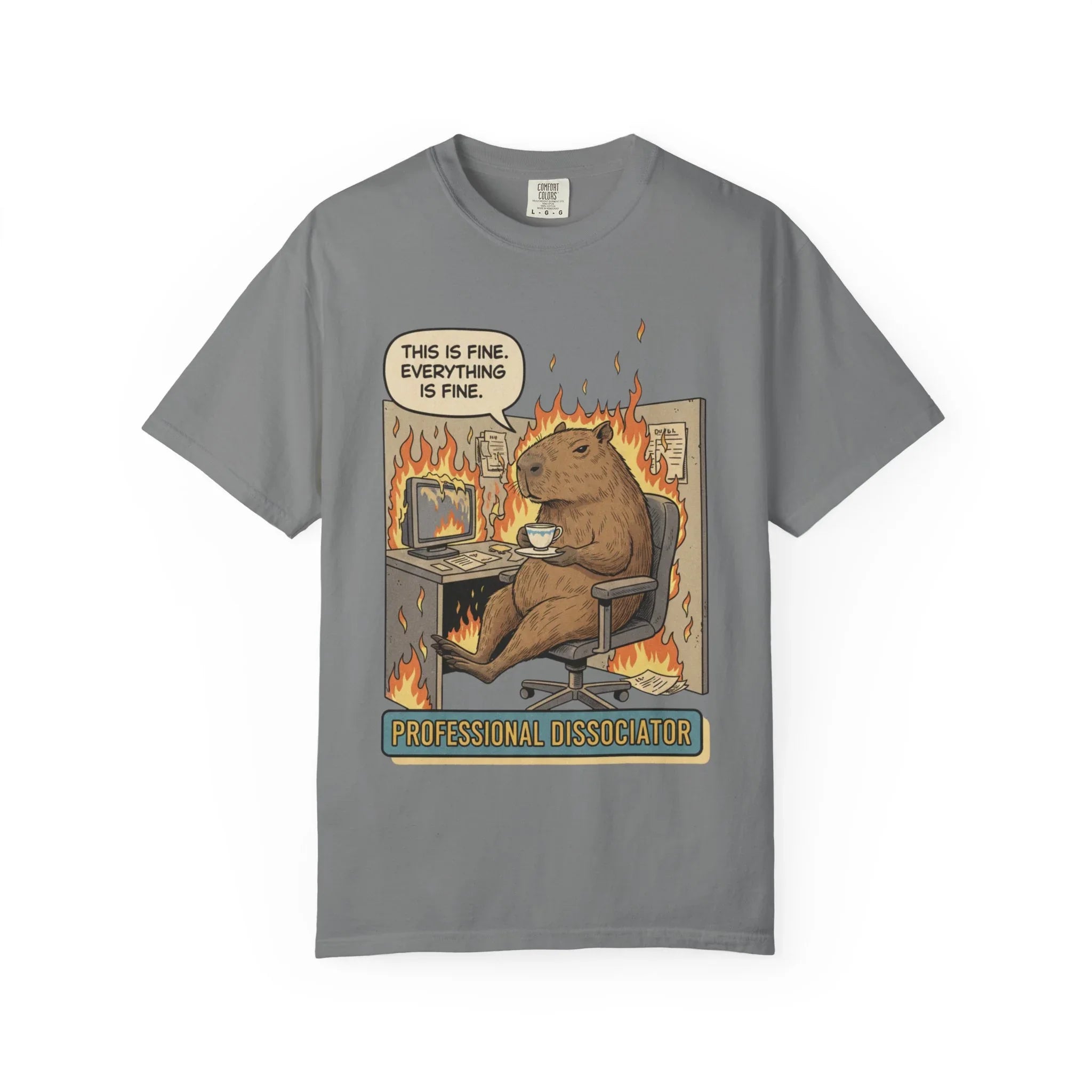 Funny Capybara "This Is Fine" Shirt - Professional Dissociator Tee - Mental Health Meme T-Shirt - Sarcastic Office Humor Gift - Relatable Corporate Grind Apparel Grey