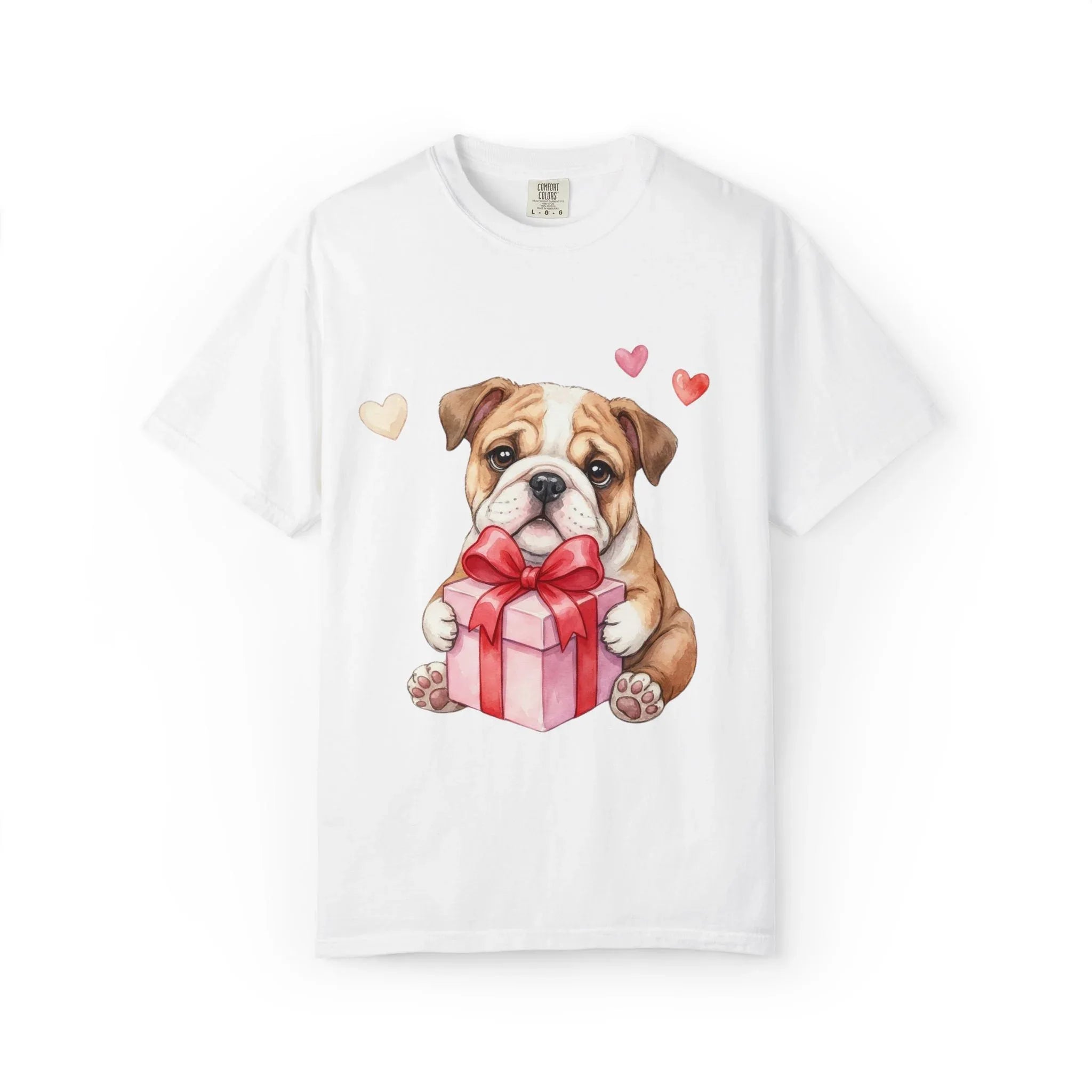 Bulldog Puppy with Gift T-Shirt | Cute Dog Valentine Hearts | Cozy Pet Lover Gift | Soft Vintage Aesthetic Dog Tee