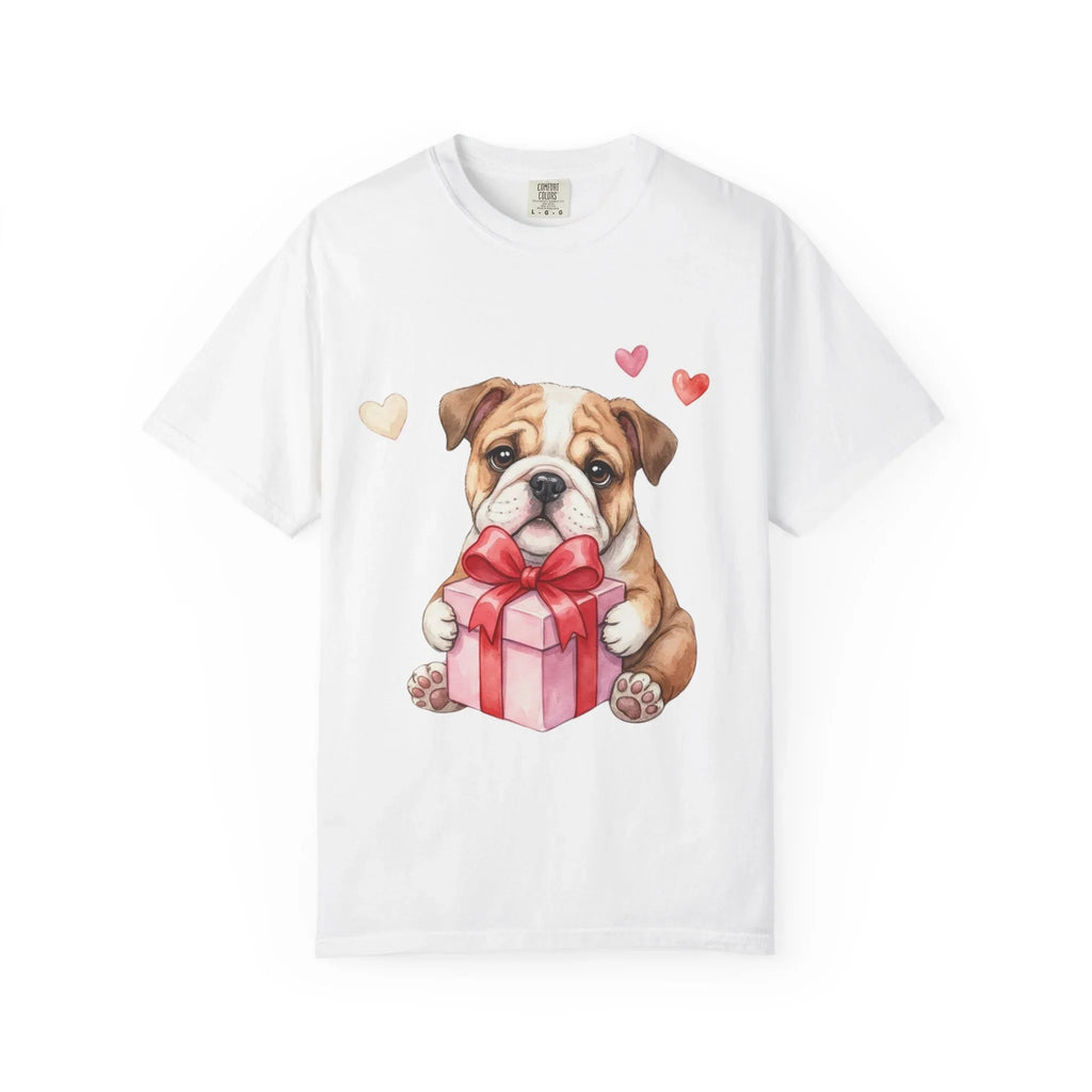 Bulldog Puppy with Gift T-Shirt | Cute Dog Valentine Hearts | Cozy Pet Lover Gift | Soft Vintage Aesthetic Dog Tee