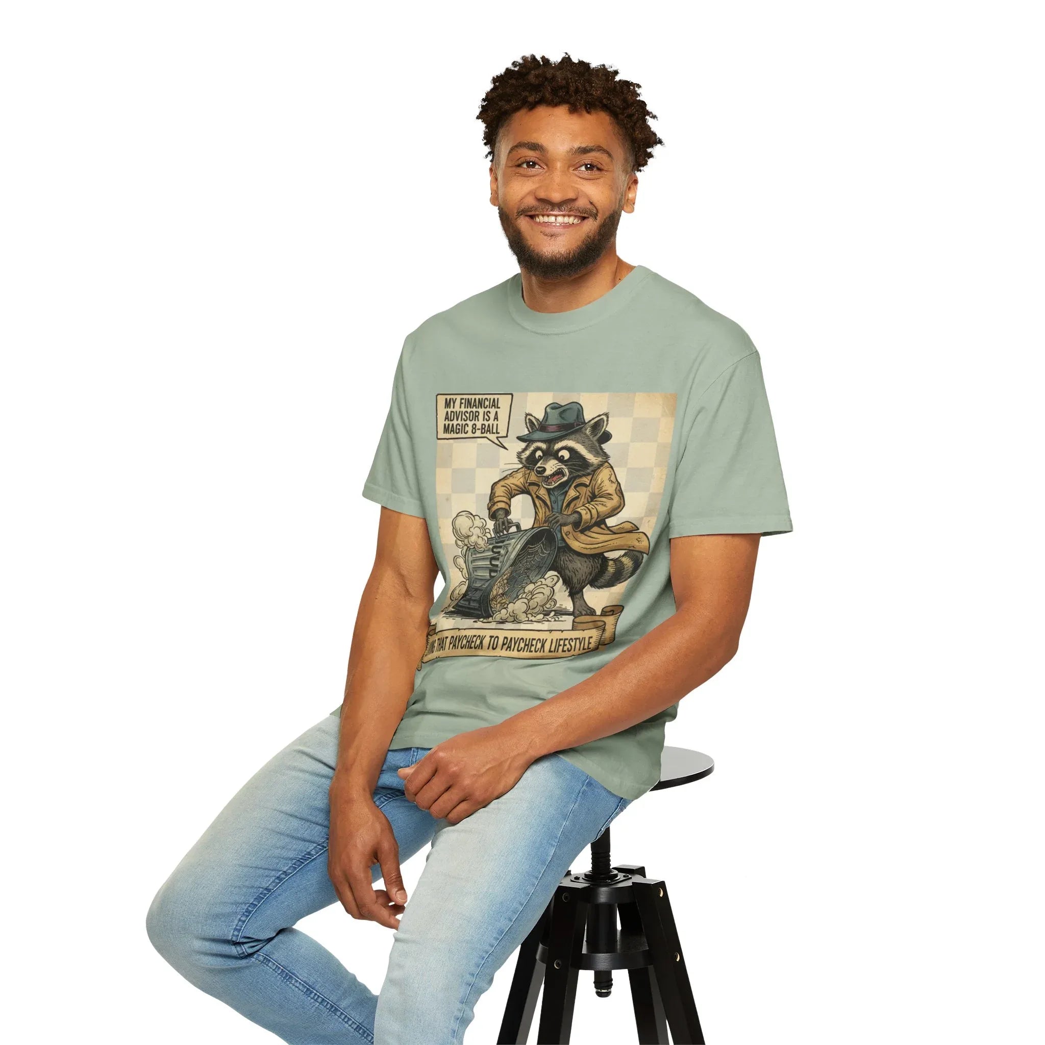 Funny Raccoon Financial Advisor Shirt - Paycheck to Paycheck T-Shirt - Broke Millennial Humor Sweatshirt - Sarcastic Inflation Trash Panda Tee - Relatable Money Struggle Top Bay