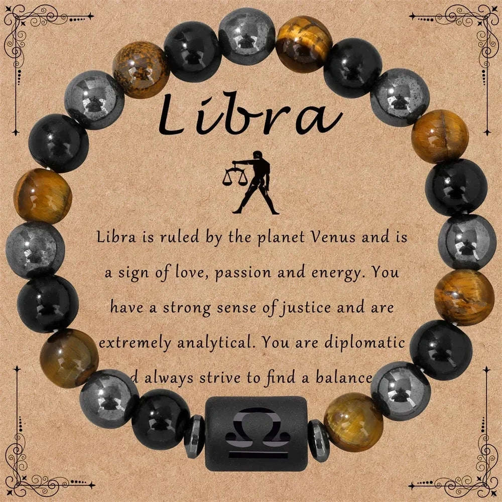 ✨ 12 Constellation Zodiac Sign Bracelet – Tiger Eye, Hematite & Obsidian Triple Protection Stone Beaded Bangle – Empowering Energy Jewelry Gift Libra