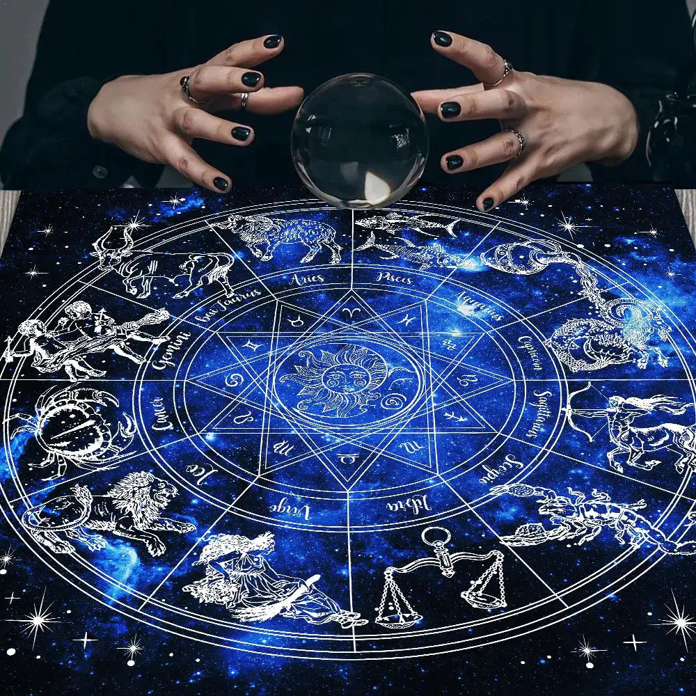 ✨12 Constellations Tarot Tablecloth – Durable Polyester Altar Cloth Featuring Zodiac Signs, Sun, Moon & Starry Sky Motifs
