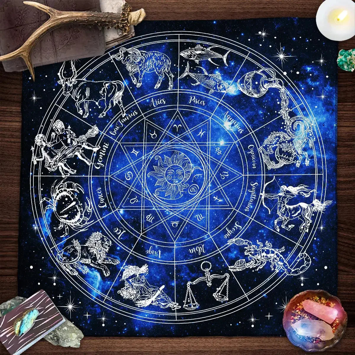 ✨12 Constellations Tarot Tablecloth – Durable Polyester Altar Cloth Featuring Zodiac Signs, Sun, Moon & Starry Sky Motifs